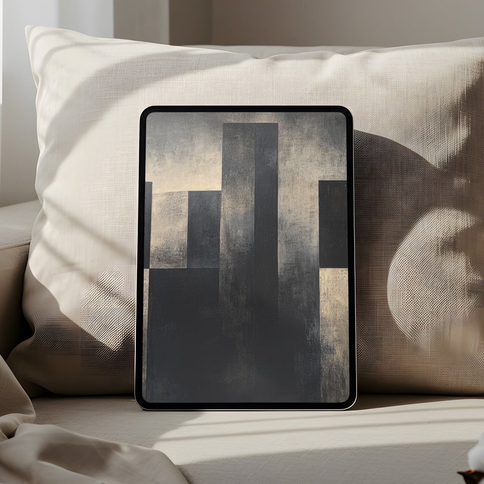 Minimalist iPad wallpaper with abstract geometric shapes in soft beige and charcoal tones, modern tablet background that adds sophistication, balance, and calm elegance to your digital space