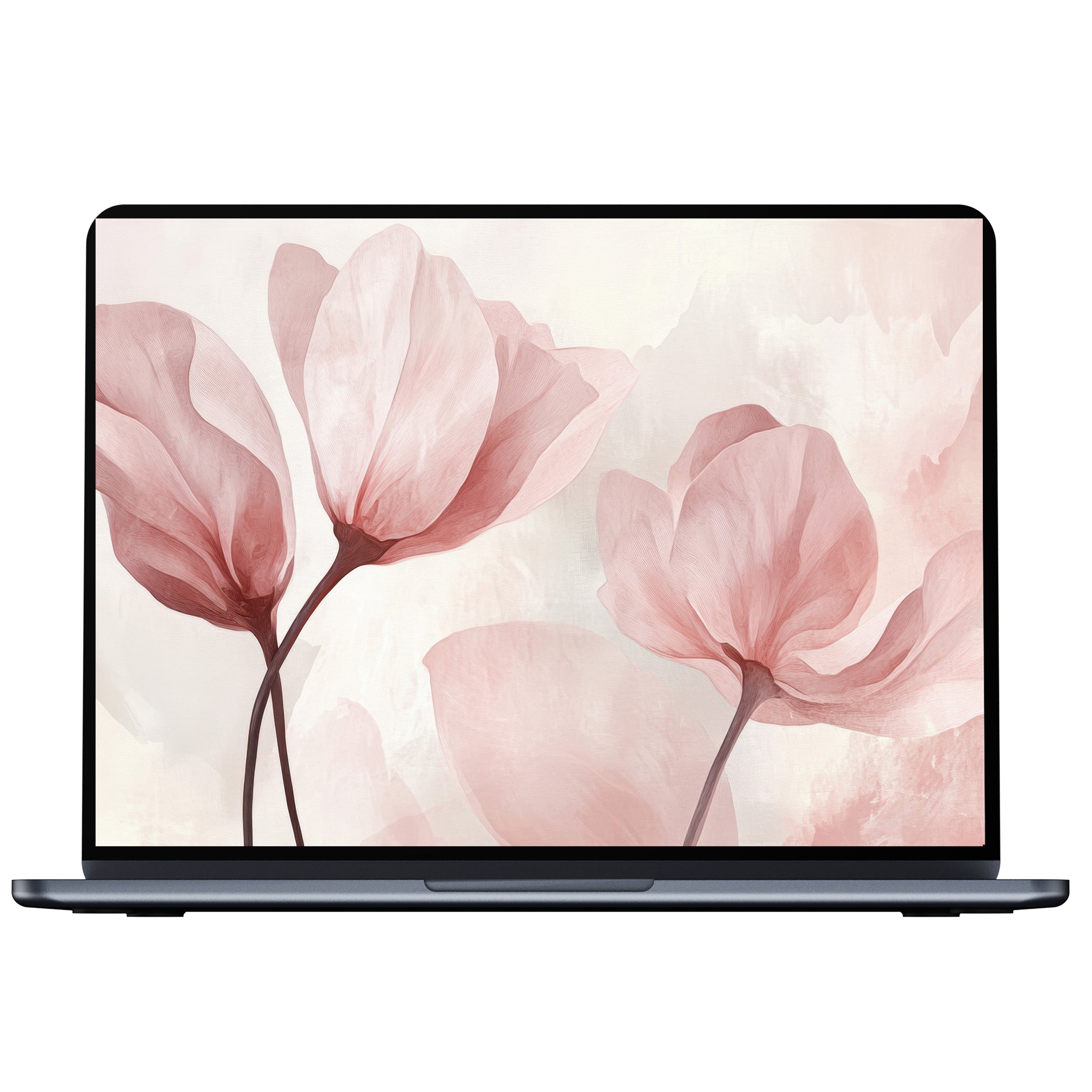 Elegant modern desktop wallpaper featuring soft pink watercolor flowers evoking calm and inspiration for PC or laptop digital download