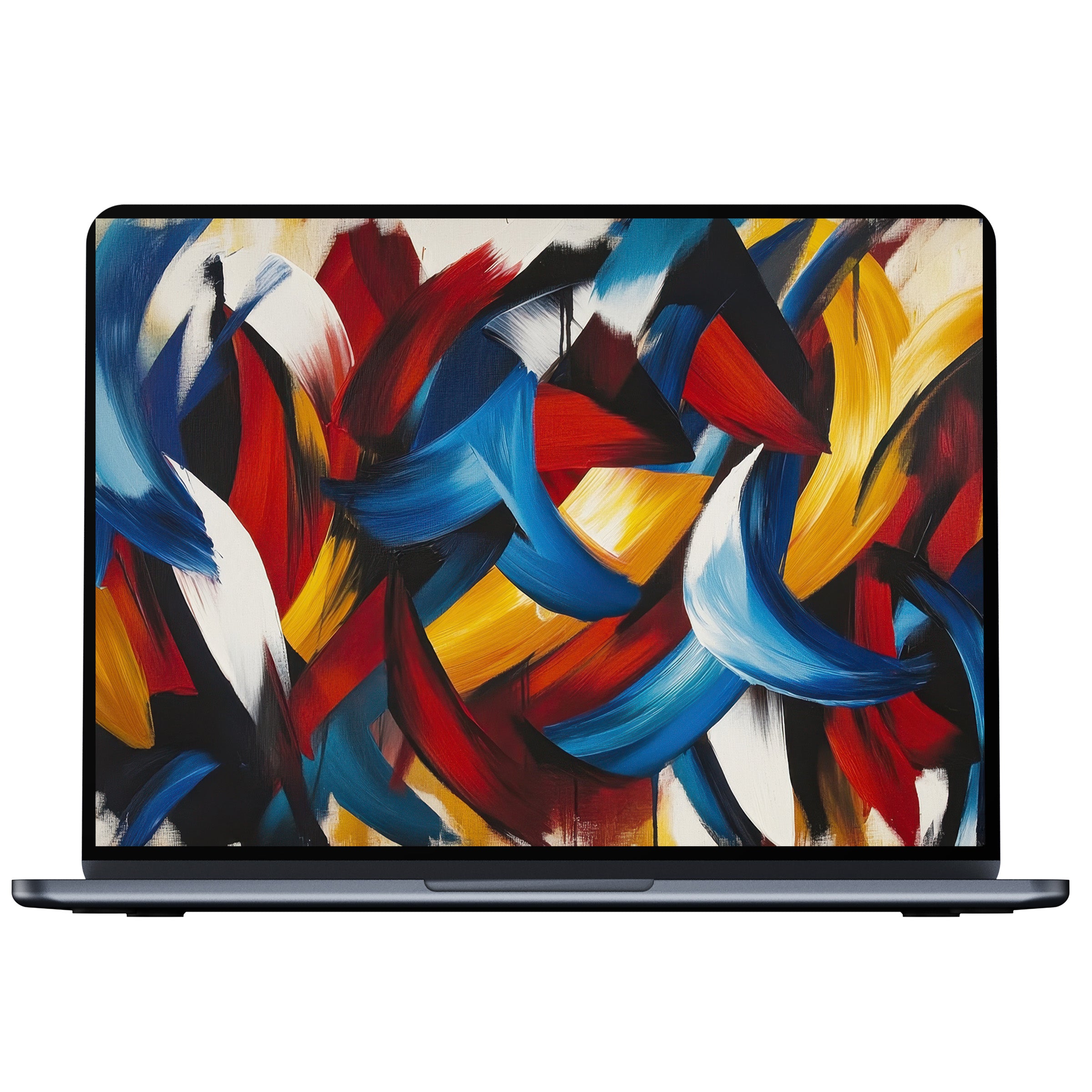 Vibrant abstract art in blue, red, and yellow brushstrokes creates a modern desktop wallpaper digital download for PC or laptop screens