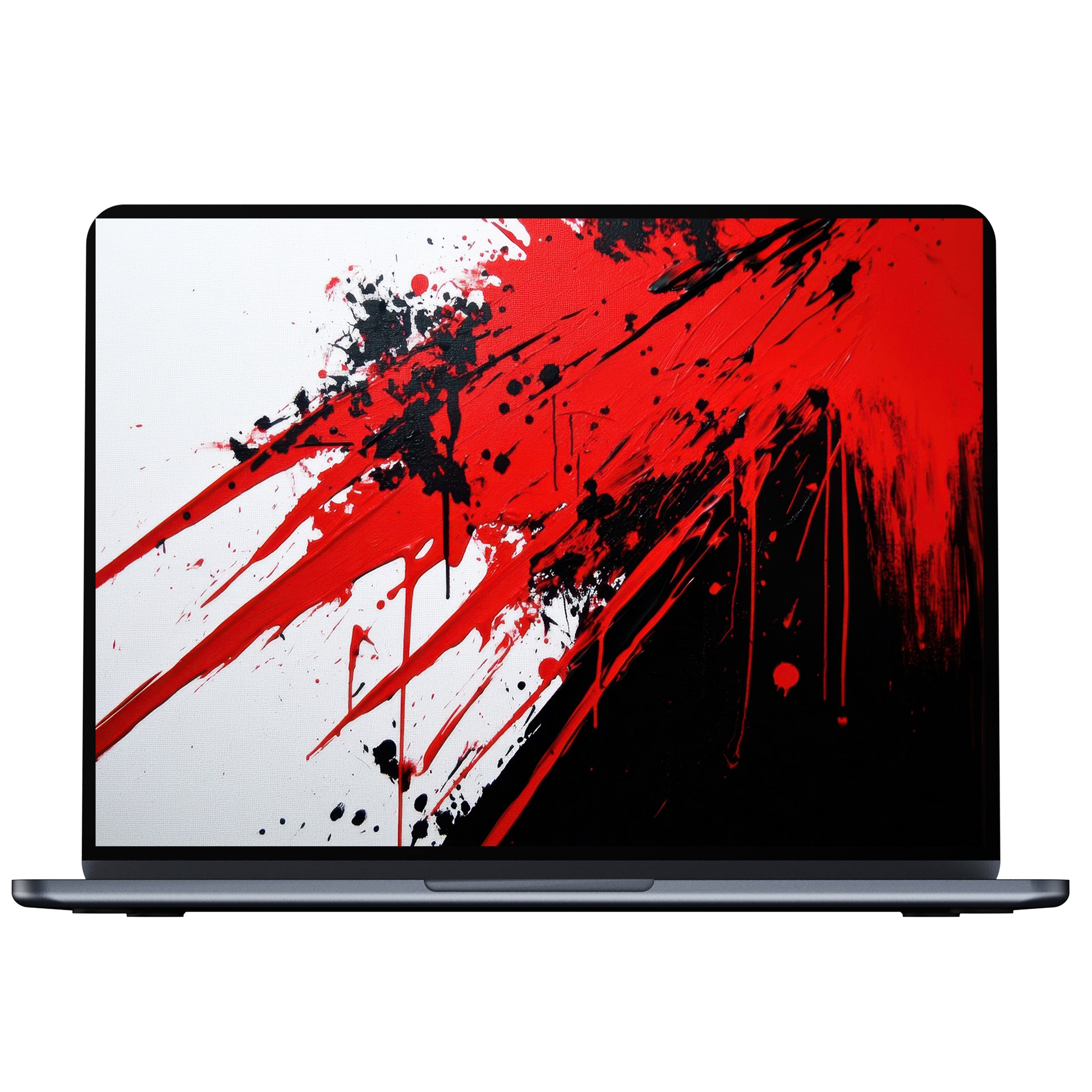 Dynamic modern desktop wallpaper with bold red and black abstract splashes for PC, laptop, digital download to inspire creativity