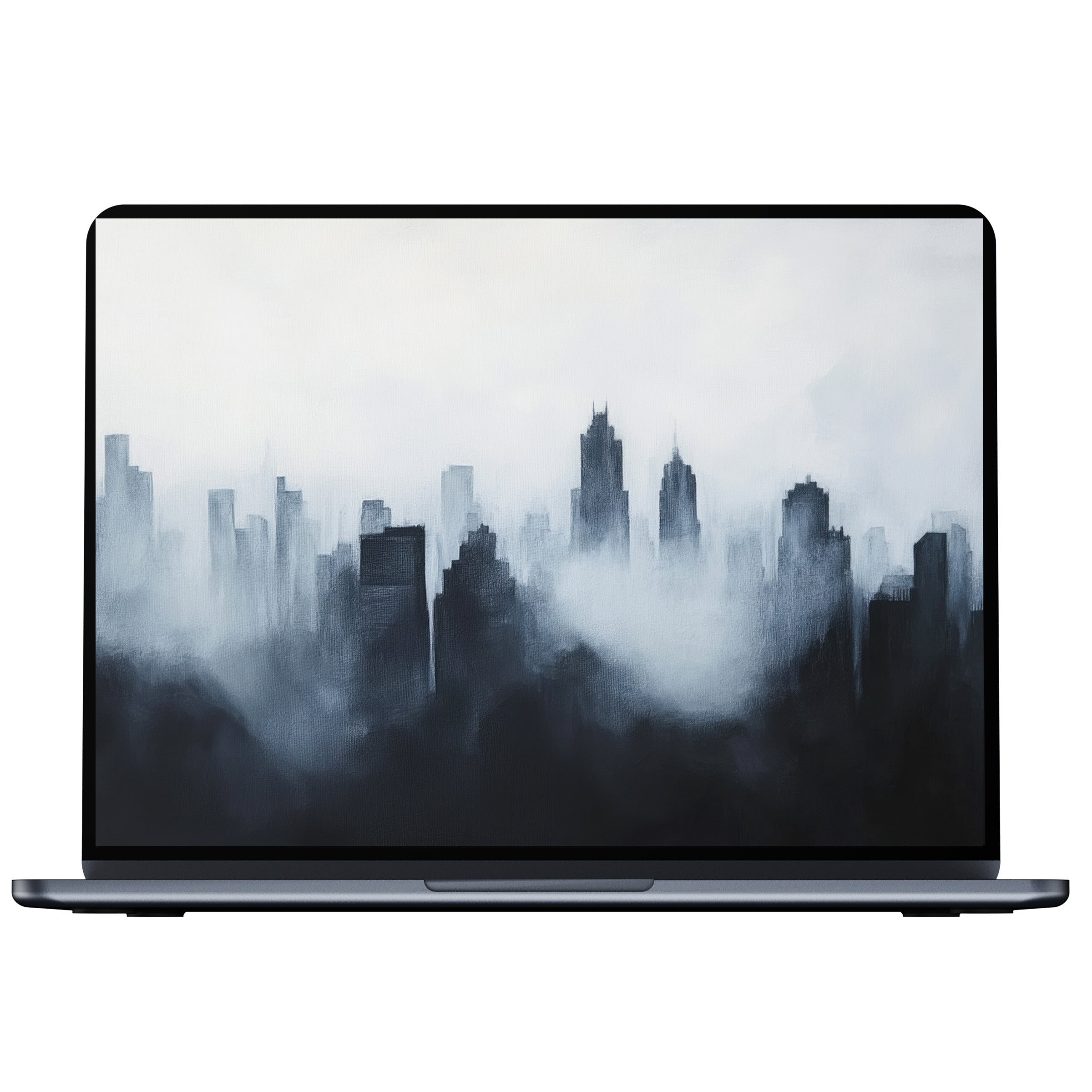 Modern desktop wallpaper with serene cityscape in misty grayscale tones digital download for PC laptop Mac adding elegance