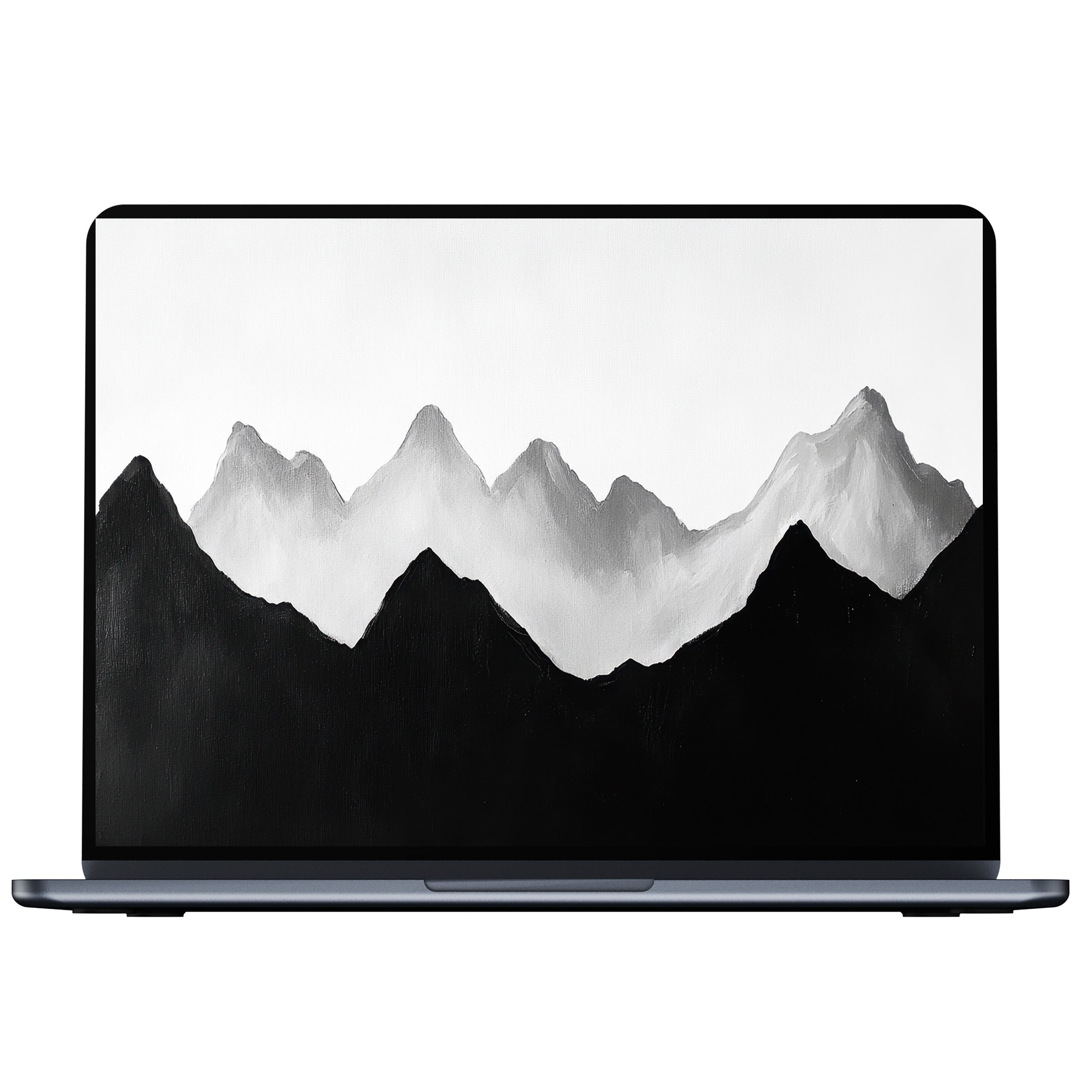 Modern desktop wallpaper featuring monochrome mountain peaks, ideal digital download for PC or laptop for calm, elegant inspiration