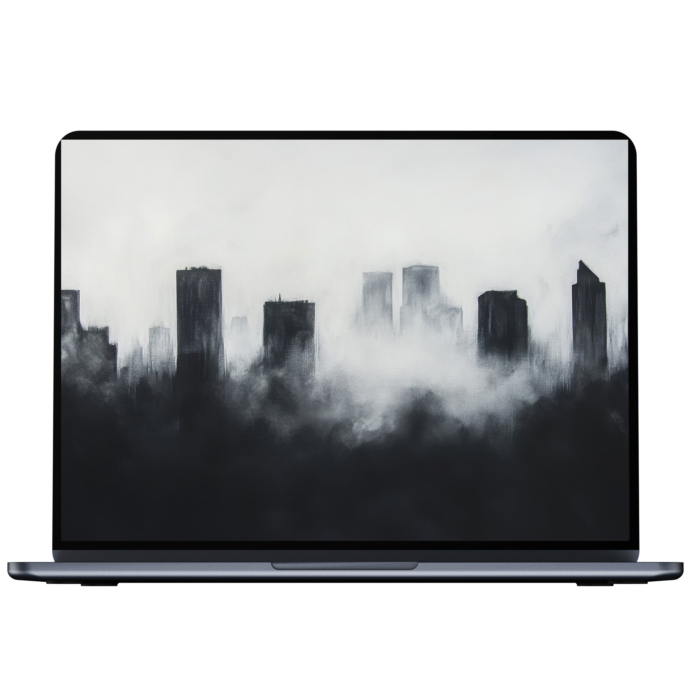 Modern desktop wallpaper featuring a serene grayscale city skyline in mist, perfect digital download for PC and laptop screens
