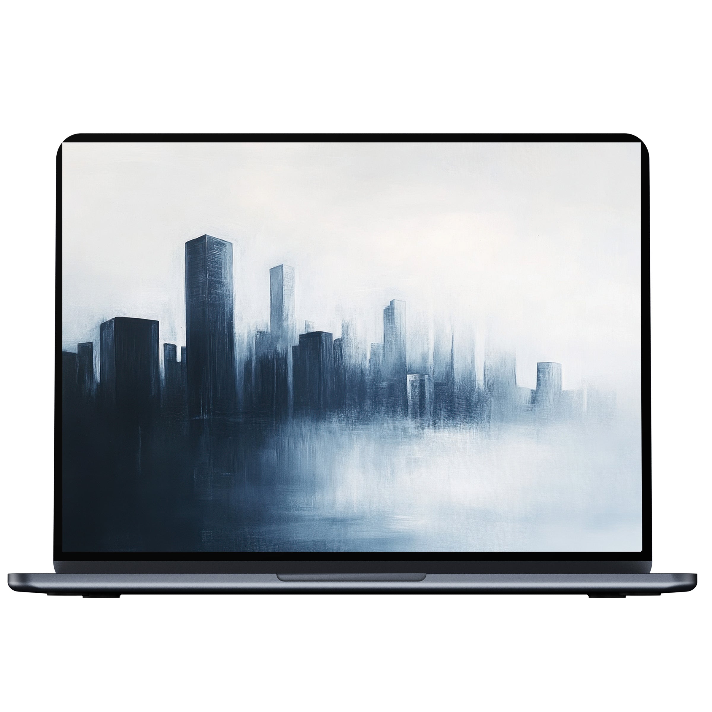Elegant modern desktop wallpaper showcasing misty cityscape in soothing grayscale perfect digital download for PC or laptop tranquility