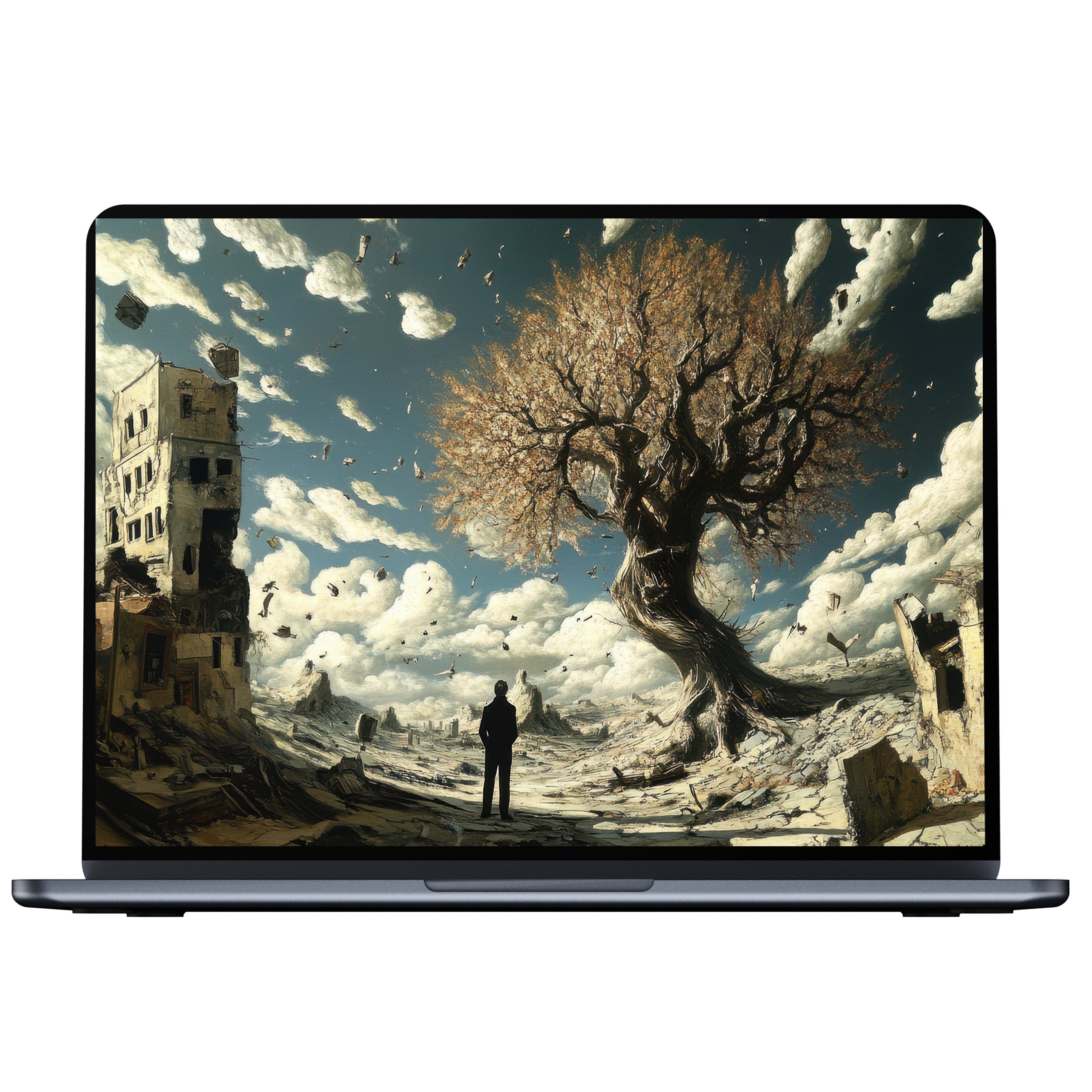 Modern desktop wallpaper showcasing a serene landscape of a vast tree under floating clouds ideal for PC, Laptop digital download
