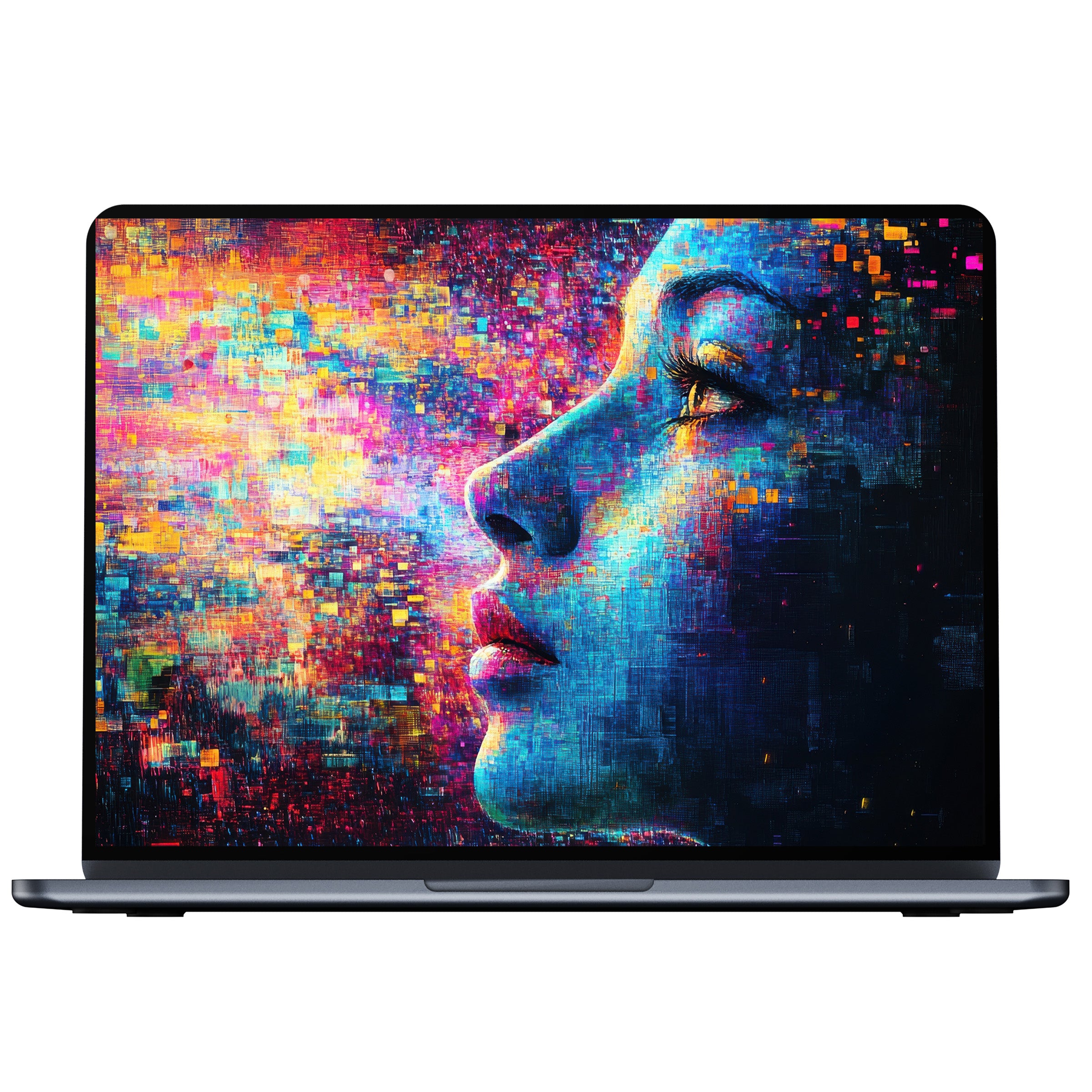 Vibrant digital download of a modern desktop wallpaper, featuring a colorful abstract portrait for PC and laptop screens, inspiring elegance