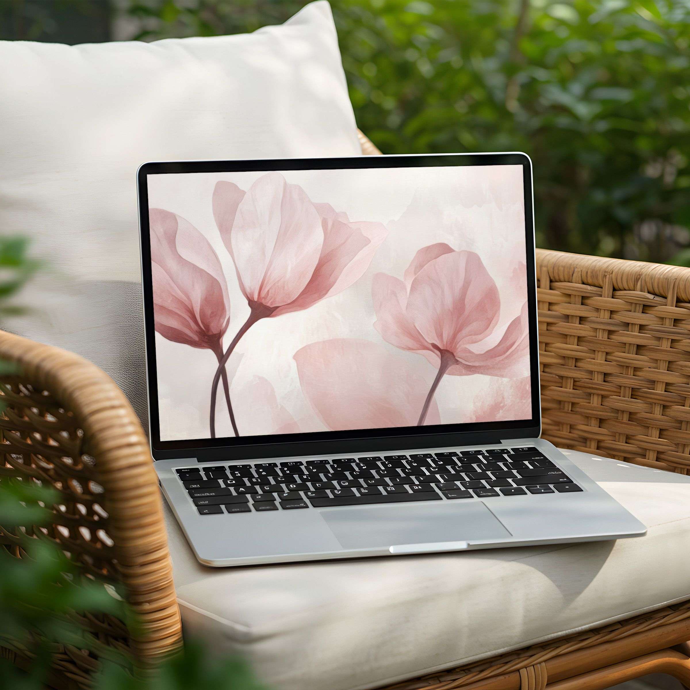 Serene pink floral art desktop background on PC for instant download, enhancing laptop aesthetics with elegance and calmness