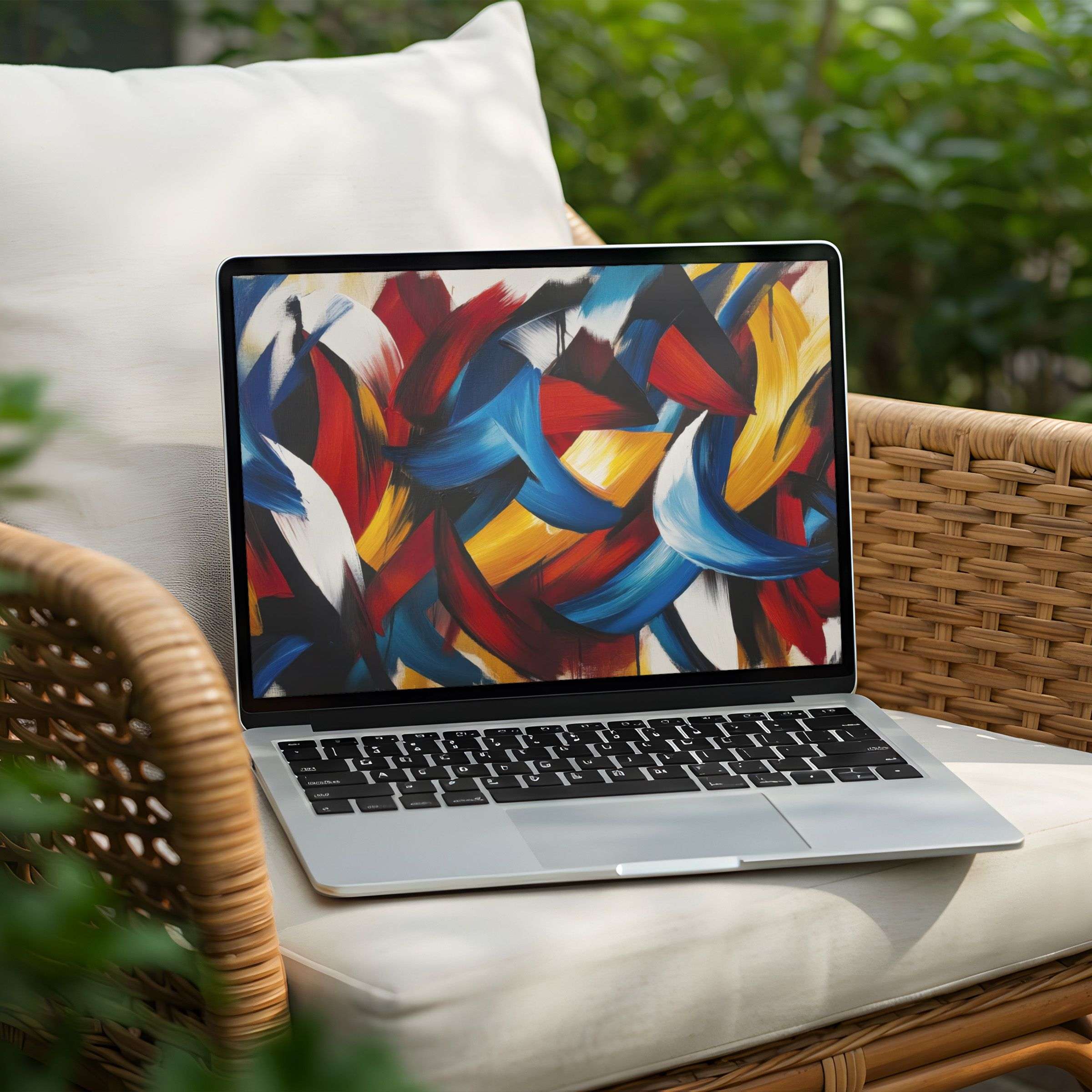 Elegant abstract brushstrokes in red, blue, and yellow create a calm desktop background for PC and Laptop instant download