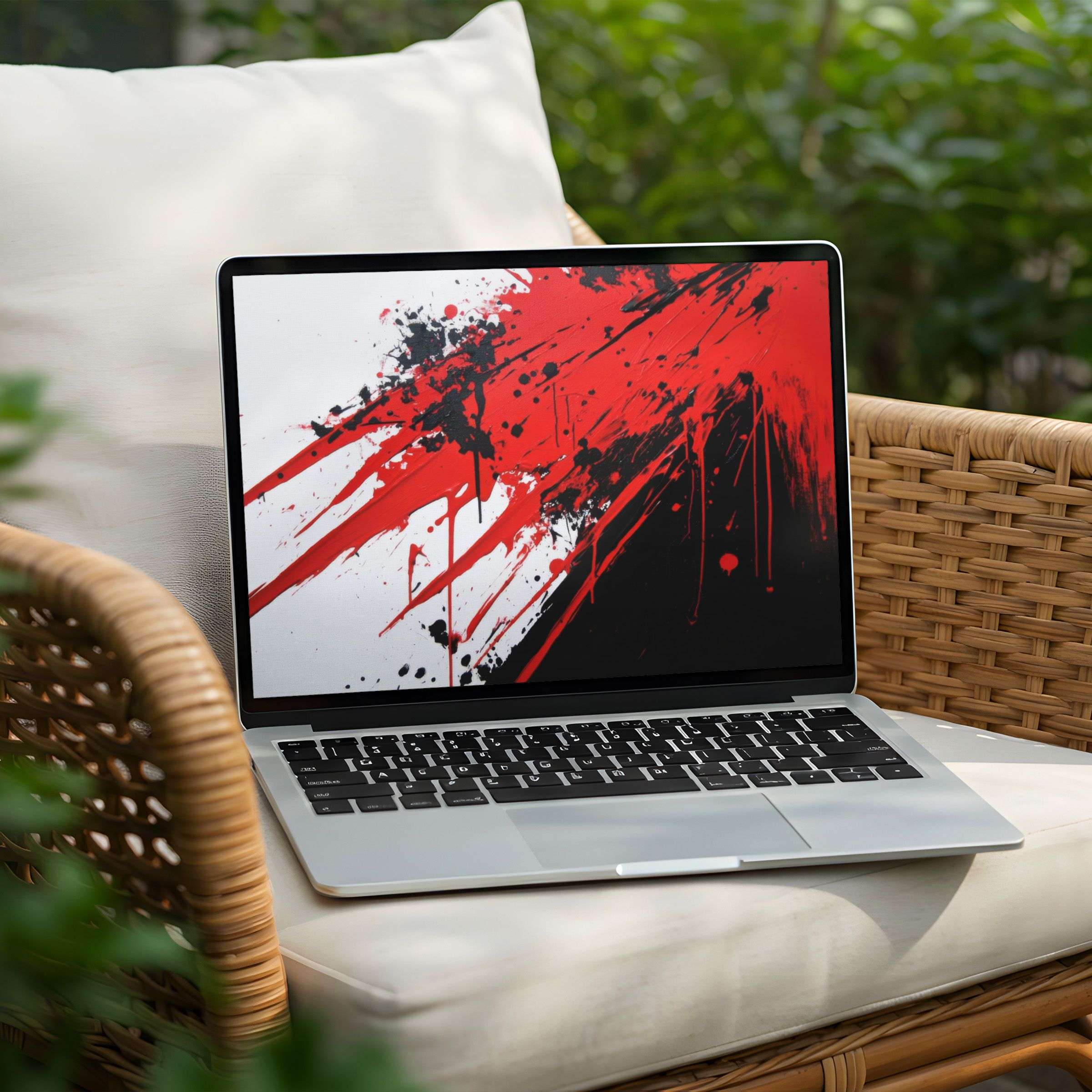 Elegant red and black abstract art on a Laptop, ideal for a calming desktop background, available as an instant download for PC users