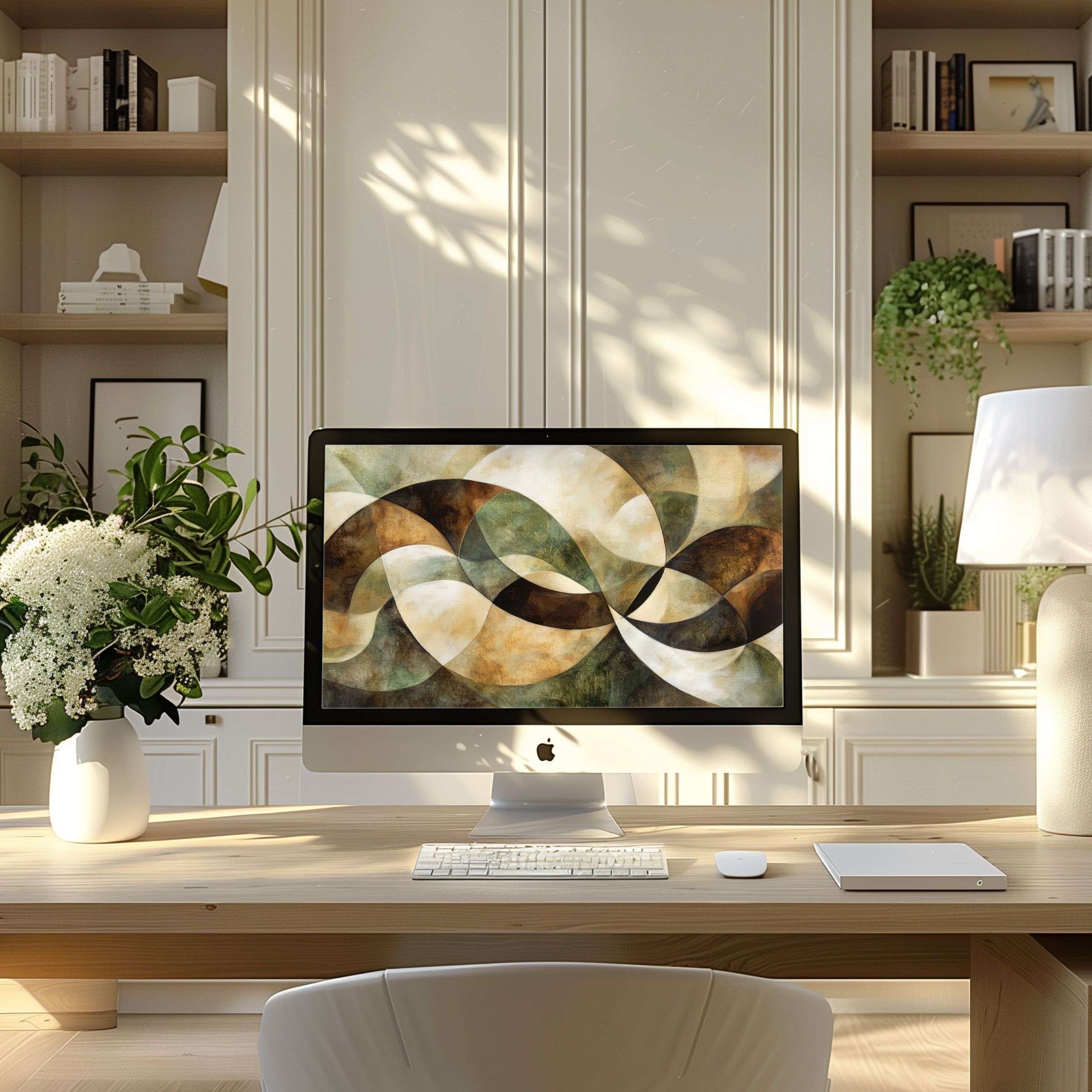 Elegant abstract art wallpaper for computer, PC, or laptop in serene modern office inspires calm and aesthetic mindfulness