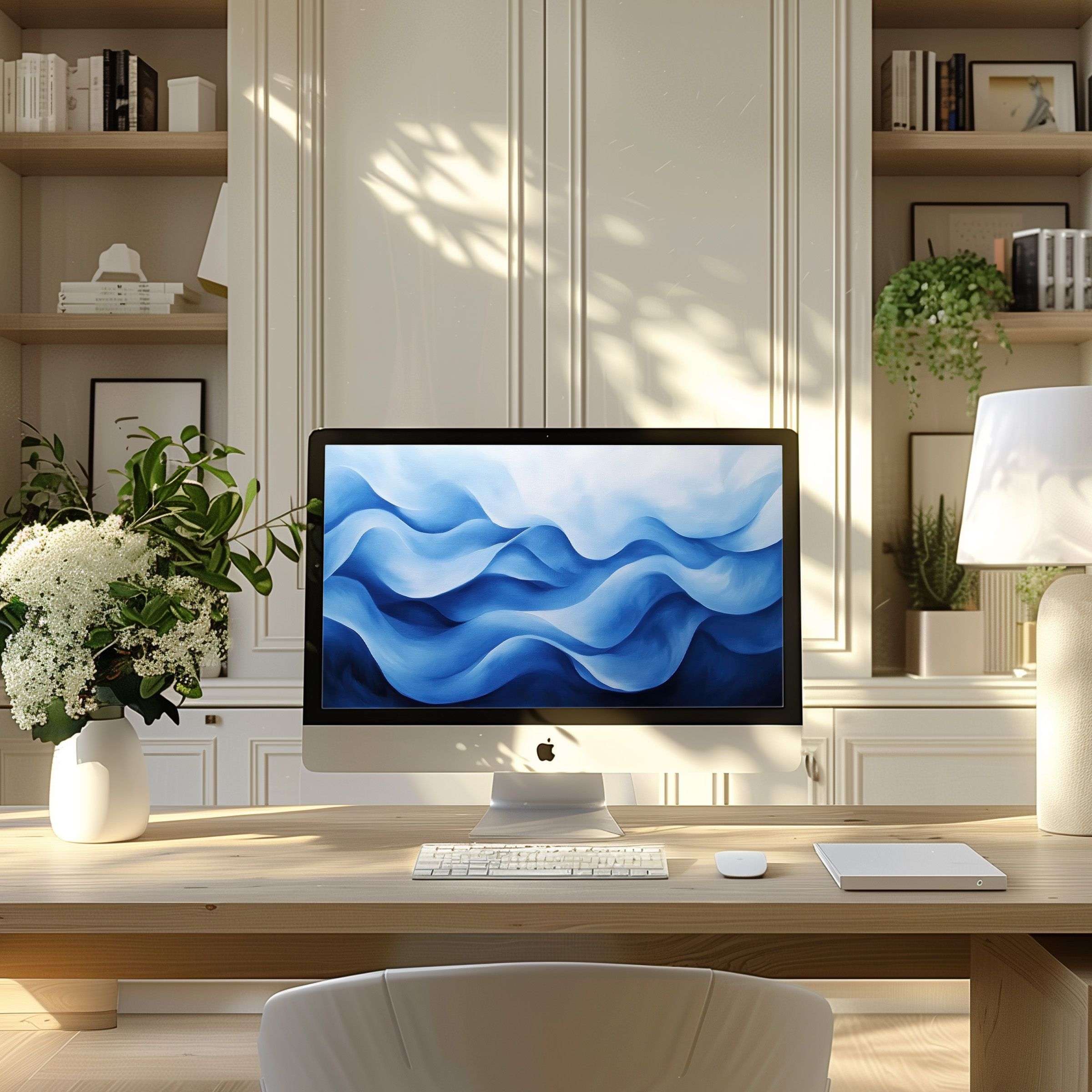 Elegant blue waves digital art print offers inspiration as a wallpaper for computer, PC, or laptop in a modern home office
