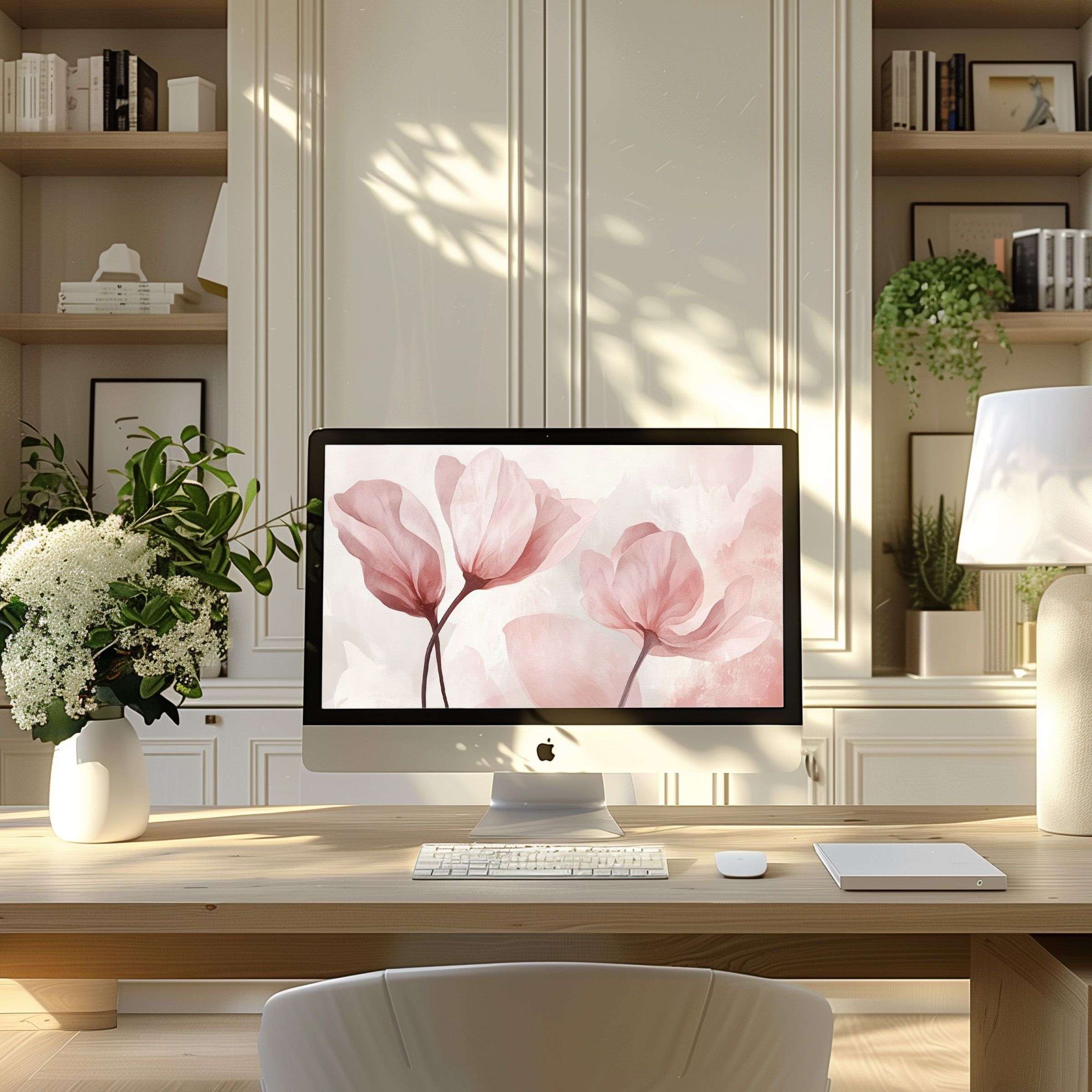 Elegant floral art wallpaper for computer, PC, and laptop in a serene modern office inspires calm and digital versatility