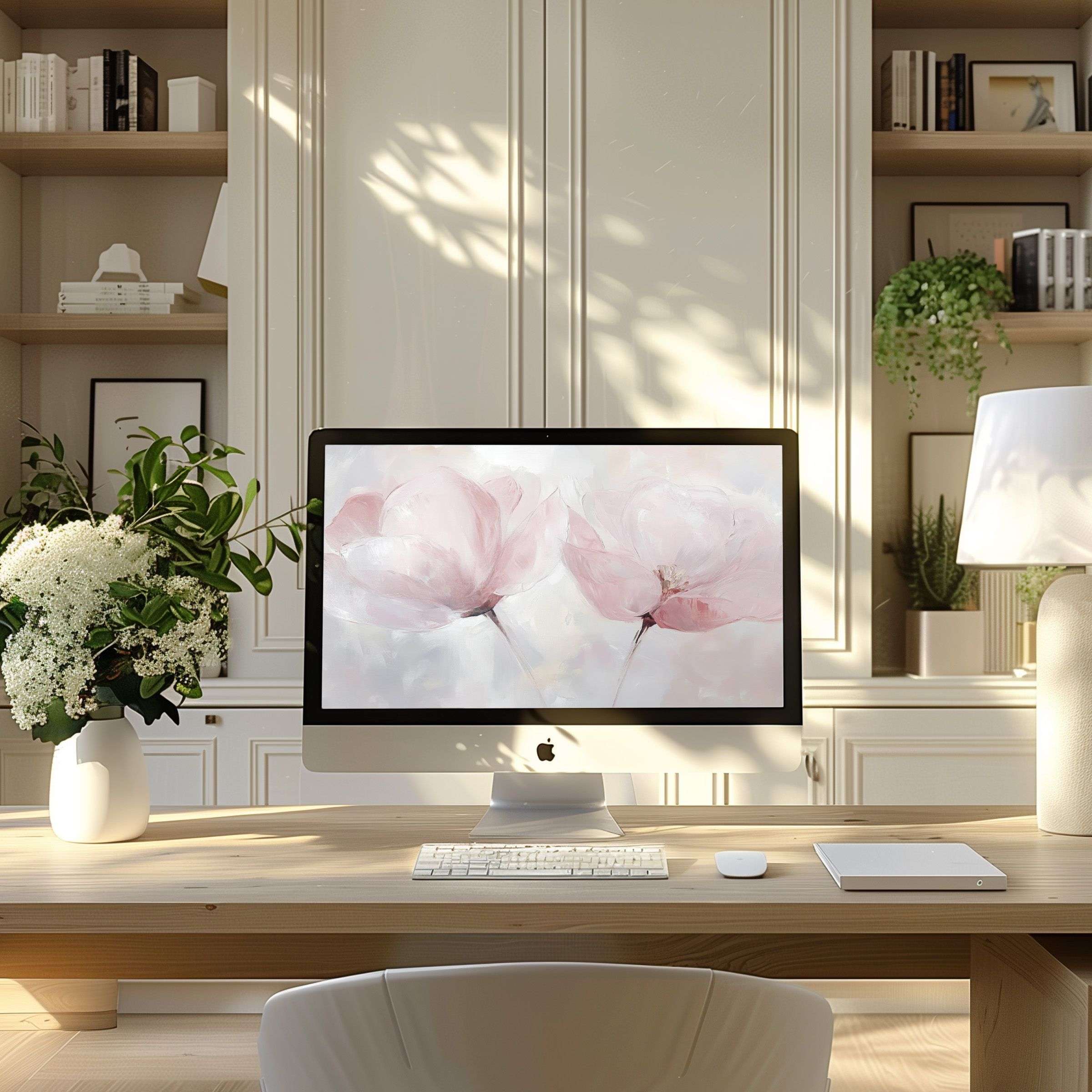 Elegant floral pastel artwork as wallpaper for computer, PC, or laptop, enhancing calm inspiration in a modern home office setup