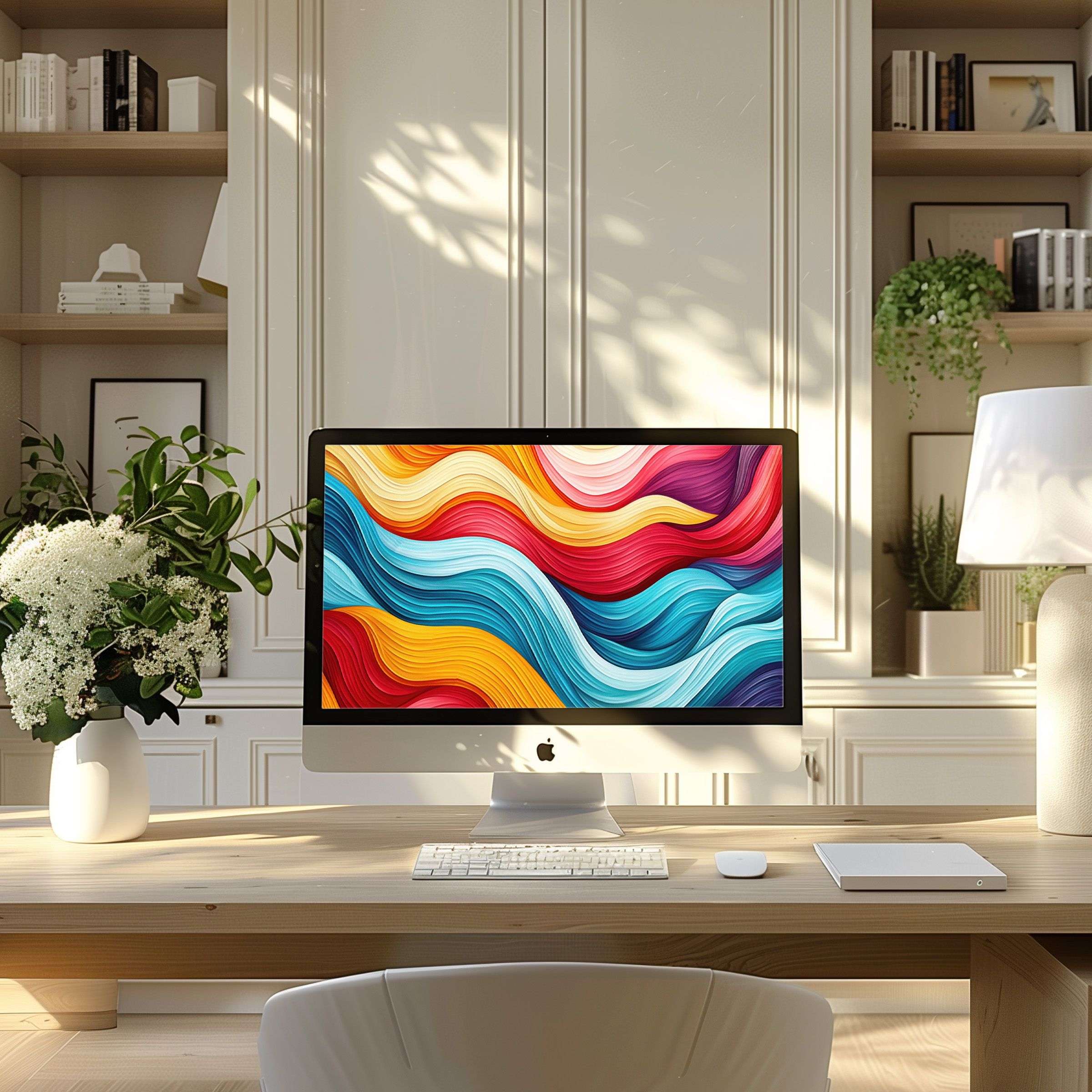 Elegant abstract digital art with vibrant waves enhances modern office space, perfect as wallpaper for computer PC or laptop download