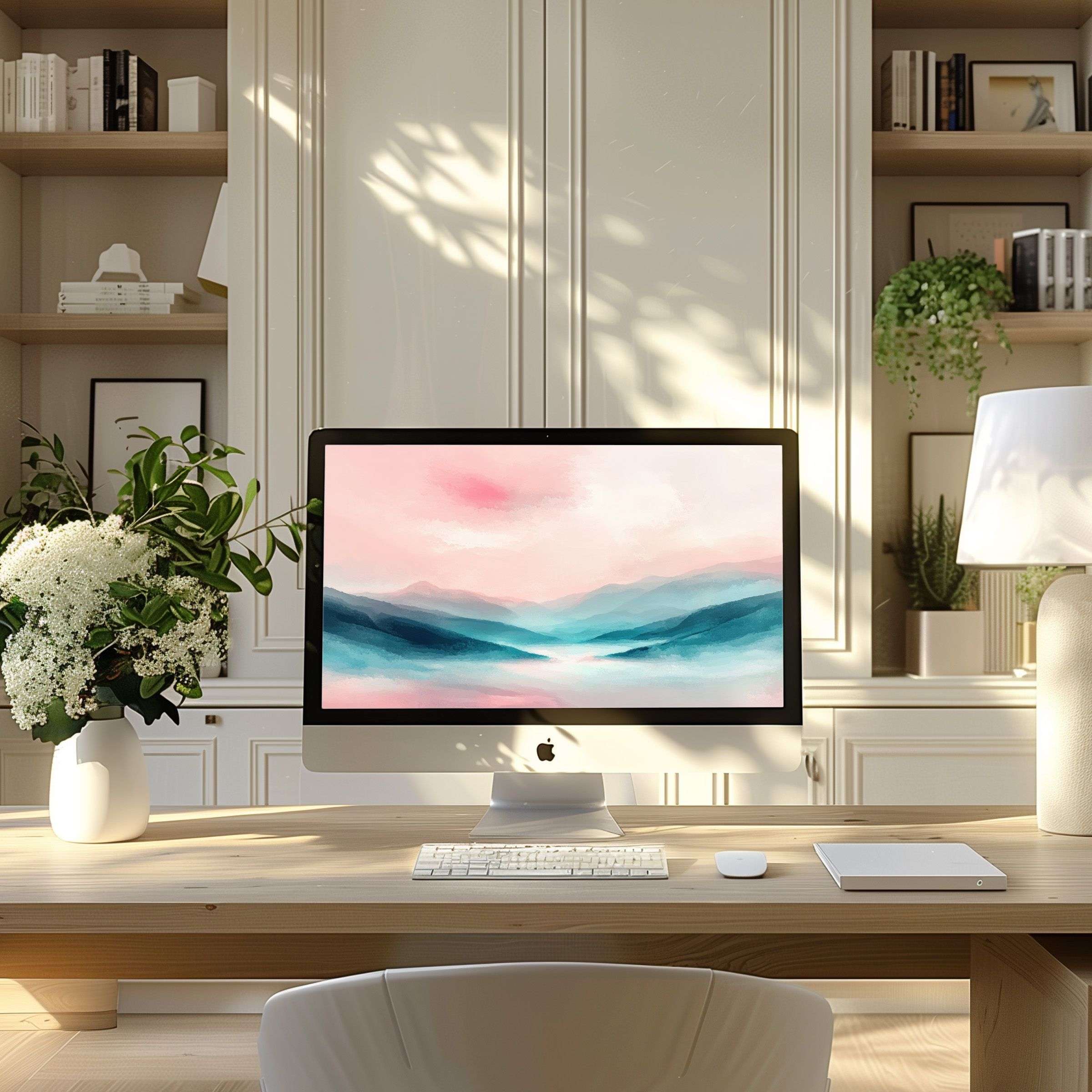 Elegant digital art wallpaper for computer enhances PC and laptop screens with calming pink and blue tones ideal for modern home offices