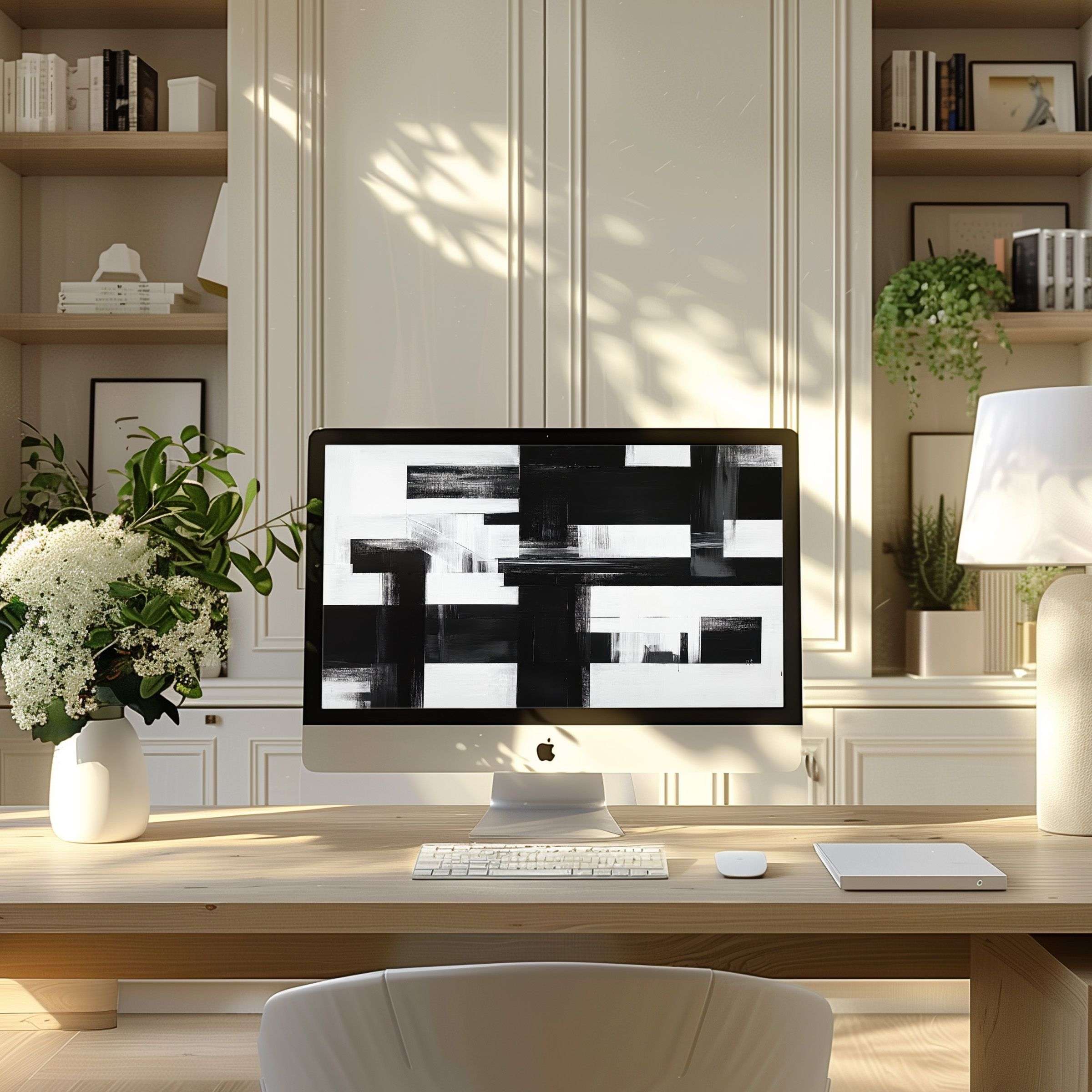 Modern abstract black and white digital art wallpaper for computer exudes calm and elegance, perfect for PC and laptop displays