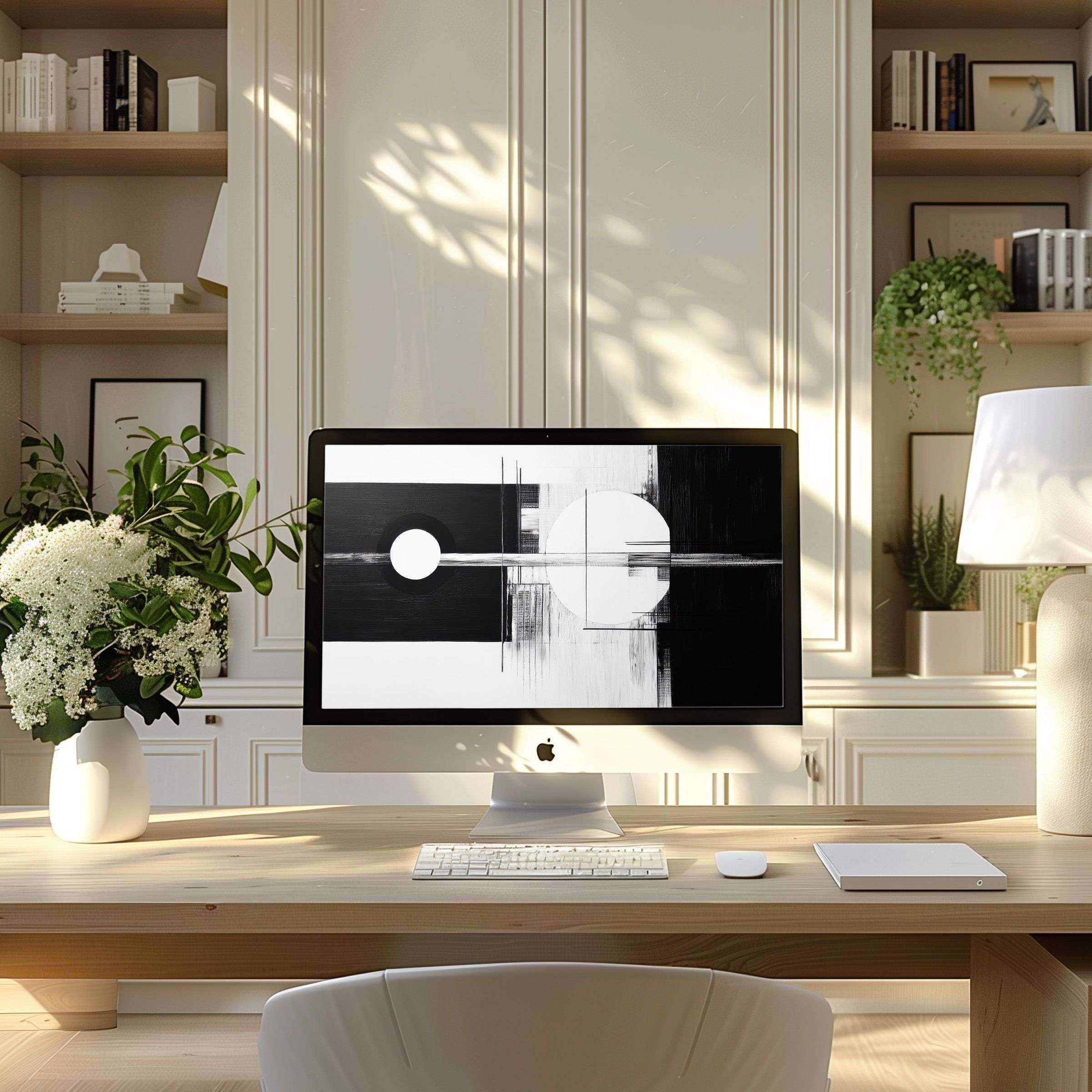 Stylish black and white abstract digital art wallpaper for computer, enhancing any PC or laptop setup with elegance and calm inspiration