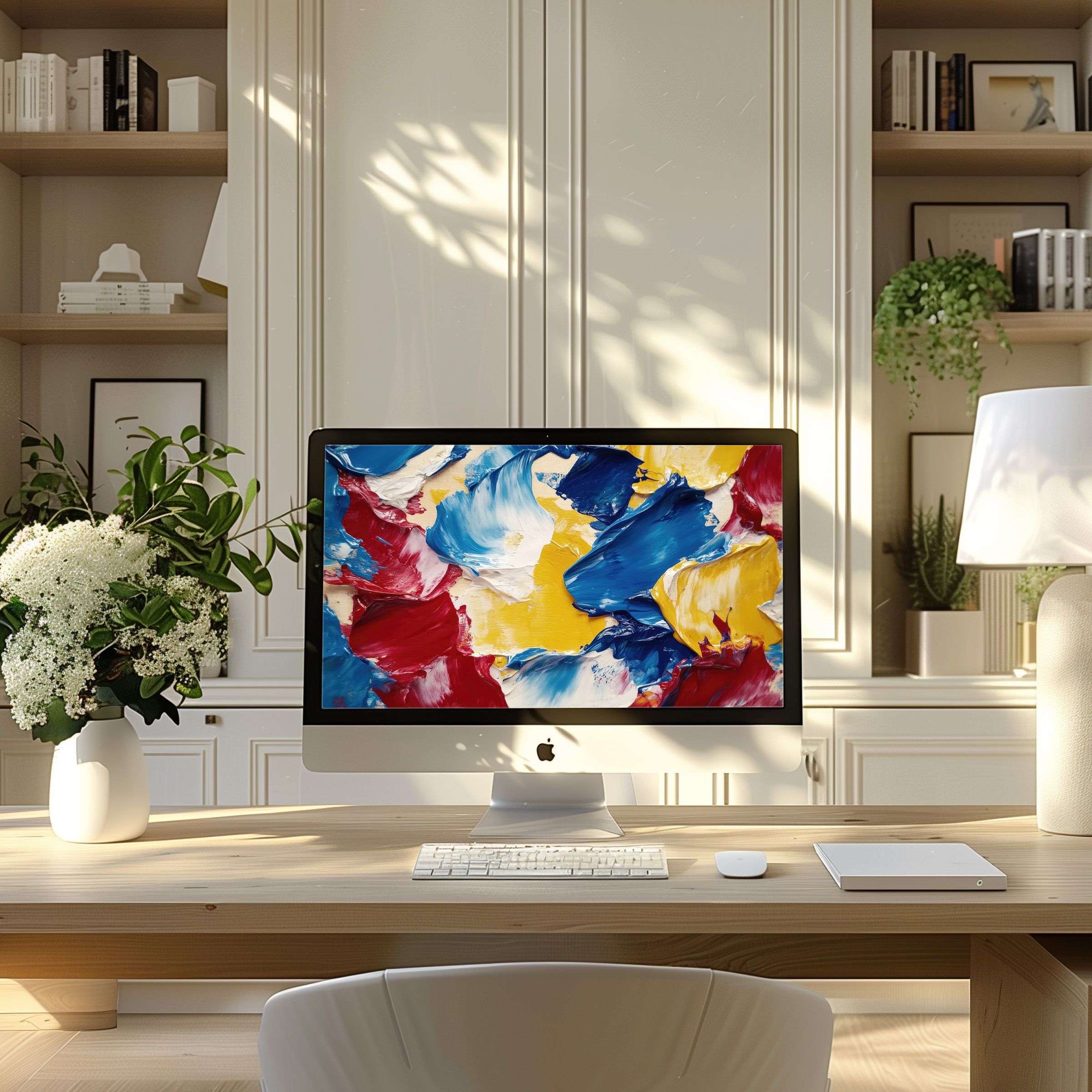 Vibrant abstract art wallpaper for computer, PC, and laptop enhances modern home office with elegance and digital download ease