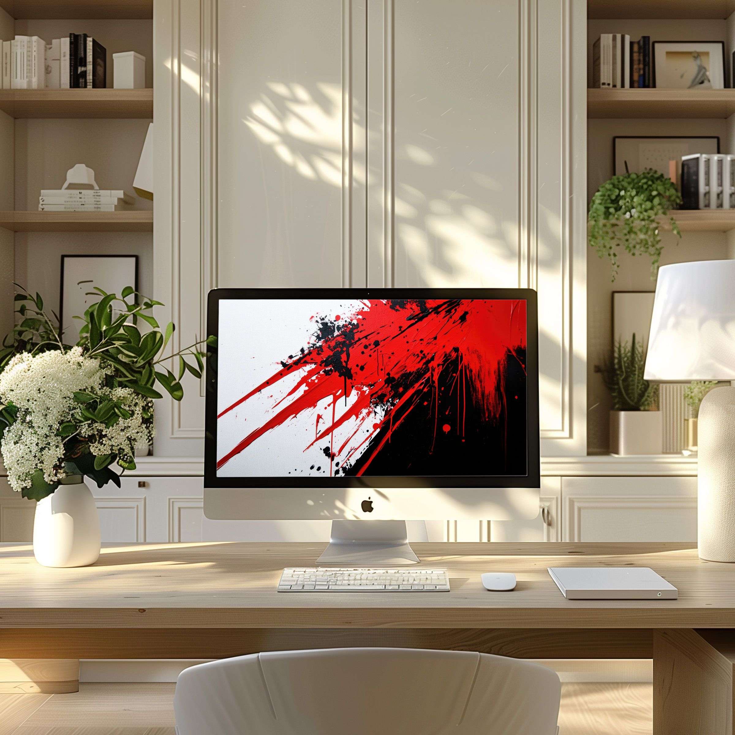 Vibrant red abstract artwork as a wallpaper for computer adds elegance to a modern home office, perfect for PC and laptop screens
