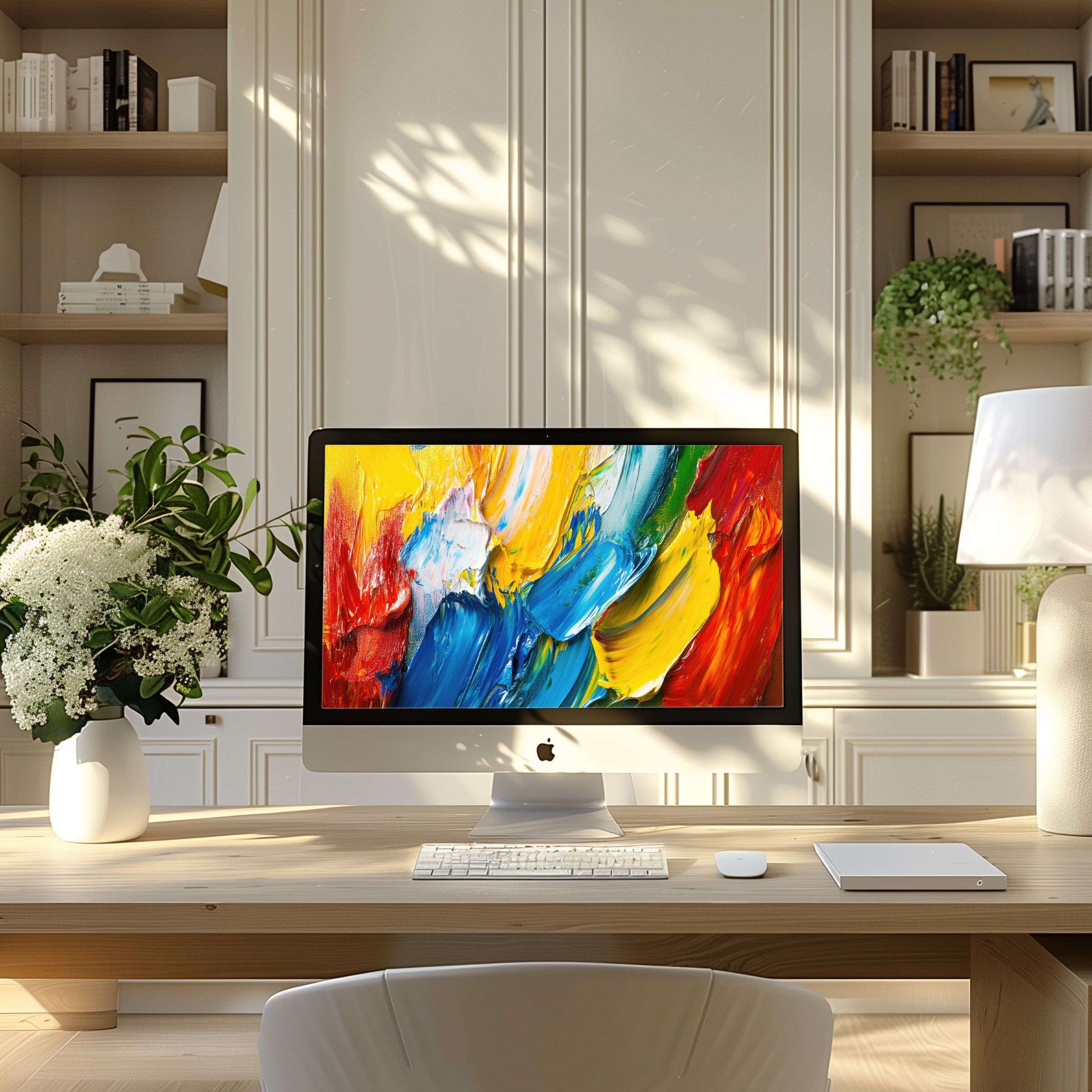 Vibrant abstract brushstrokes wallpaper for computer inspiring calm elegance in a modern home office fits PC and Laptop download