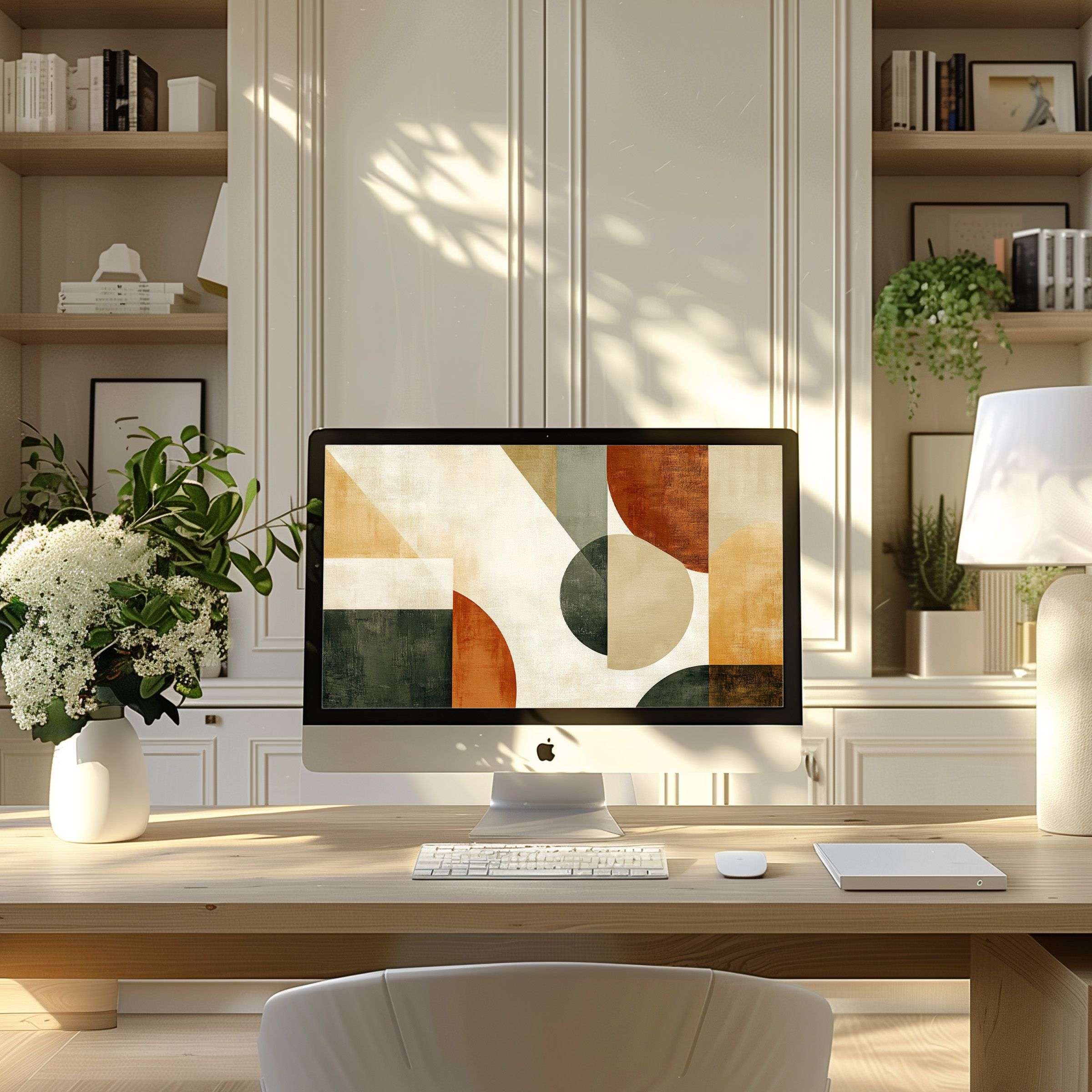 Modern abstract art in warm earth tones enhances a serene workspace as elegant wallpaper for computer, PC, laptop download
