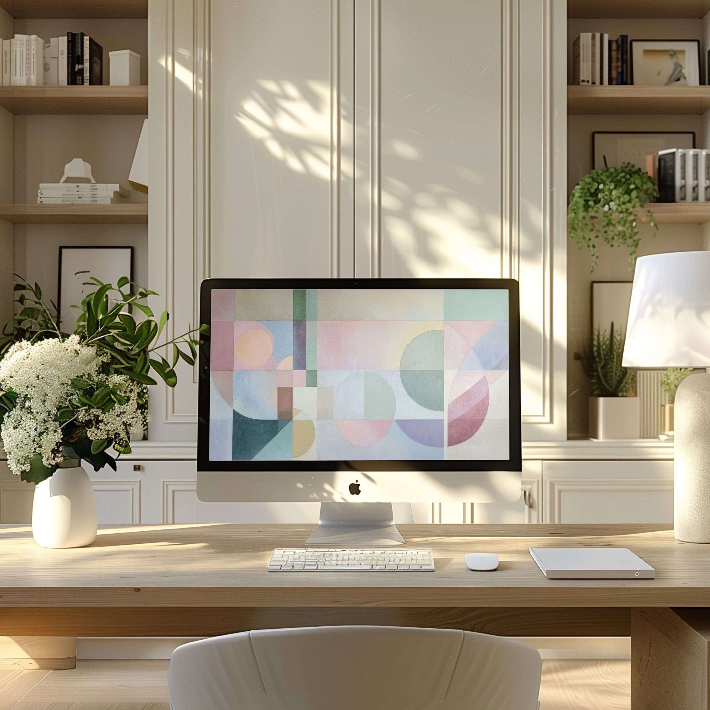 Elegant geometric art in soft pastel colors as a wallpaper for computer, PC, or laptop, brings calm to a modern home office setting