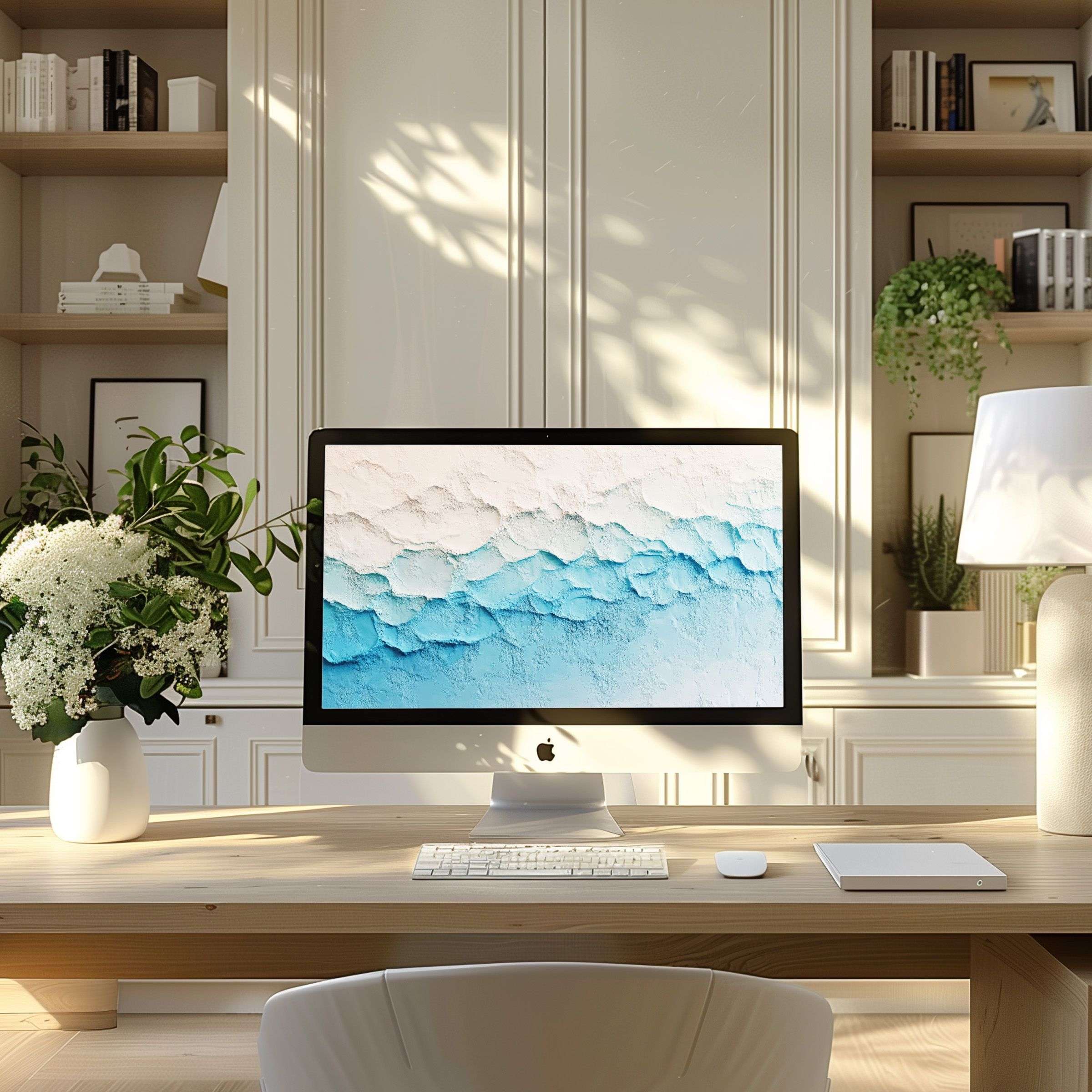 Elegant abstract blue and white wallpaper for computer infuses a modern home office with calm sophistication perfect for PC or laptop