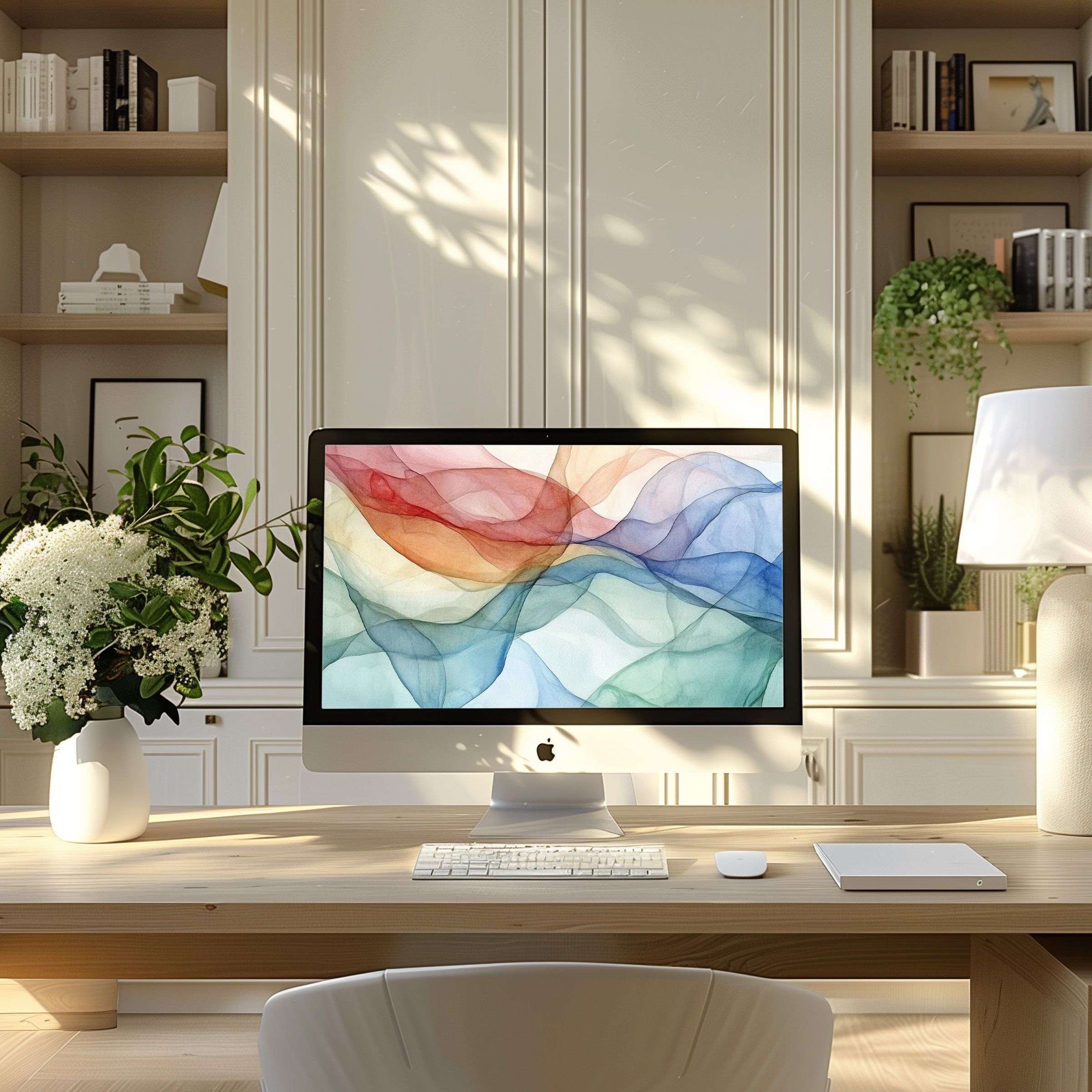 Elegant colorful abstract digital art wallpaper for computer PC or laptop in a serene modern home office setting