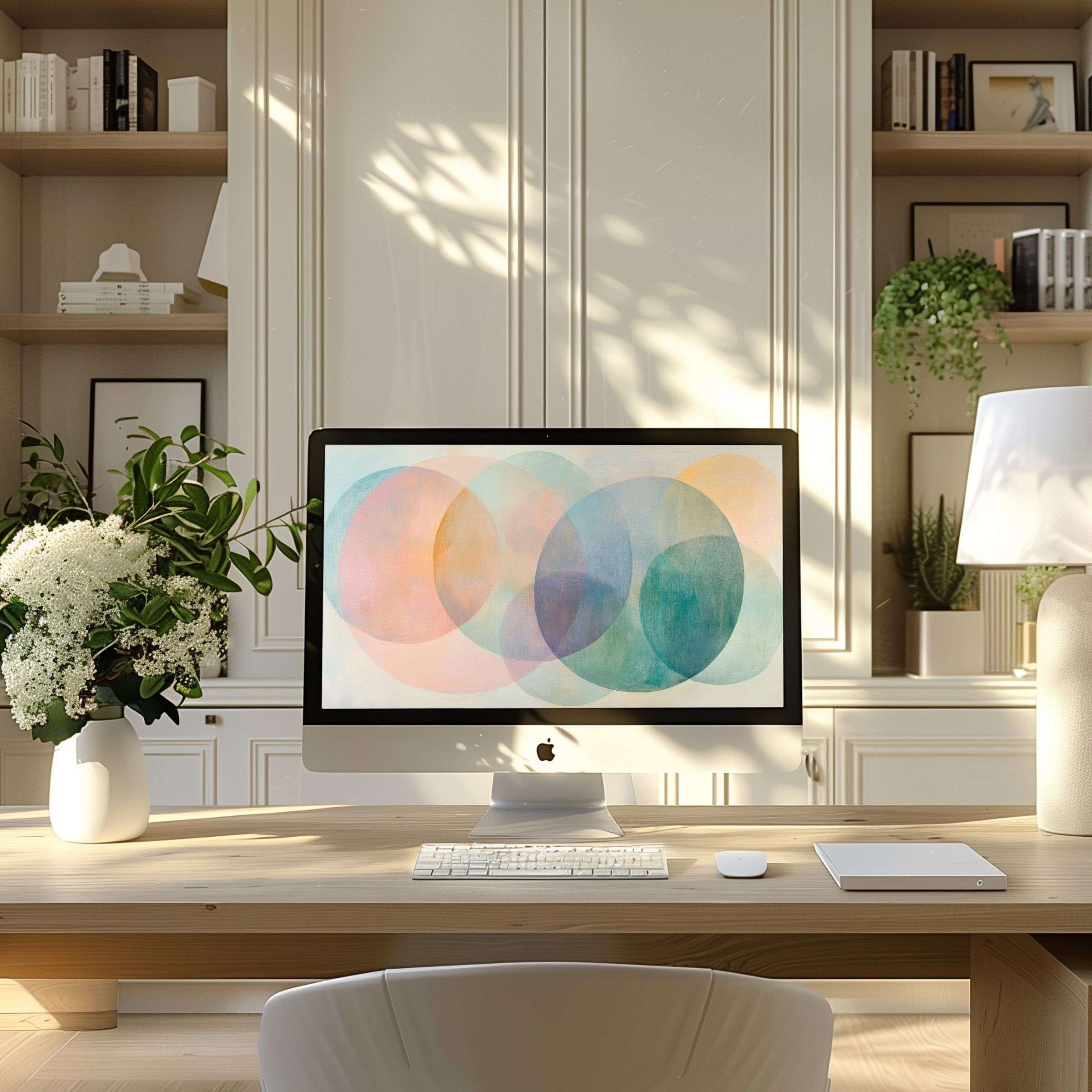 Elegant pastel circle art wallpaper for computer enhances a modern home office, inspiring calm on any PC, laptop, or ultrawide screen