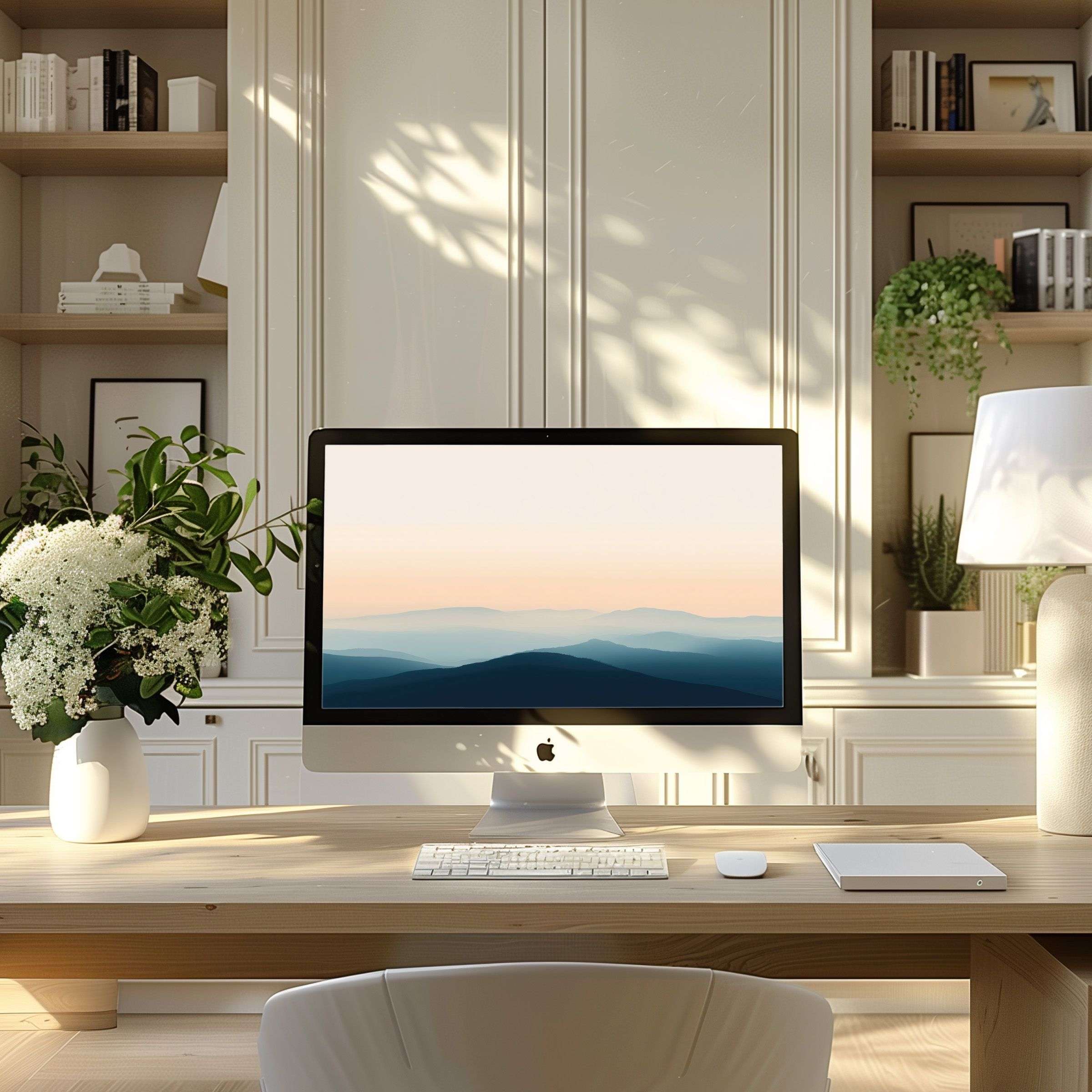 Serene mountain landscape wallpaper for computer, PC, and laptop; perfect for a modern home office, inspiring calm and elegance