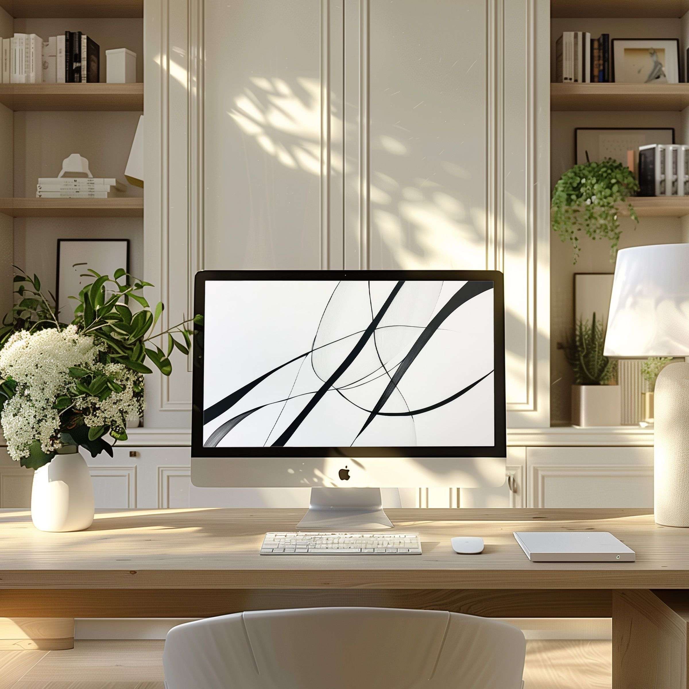 Stylish abstract lines create a serene wallpaper for computer enhancing a modern home office on PC and Laptop screens