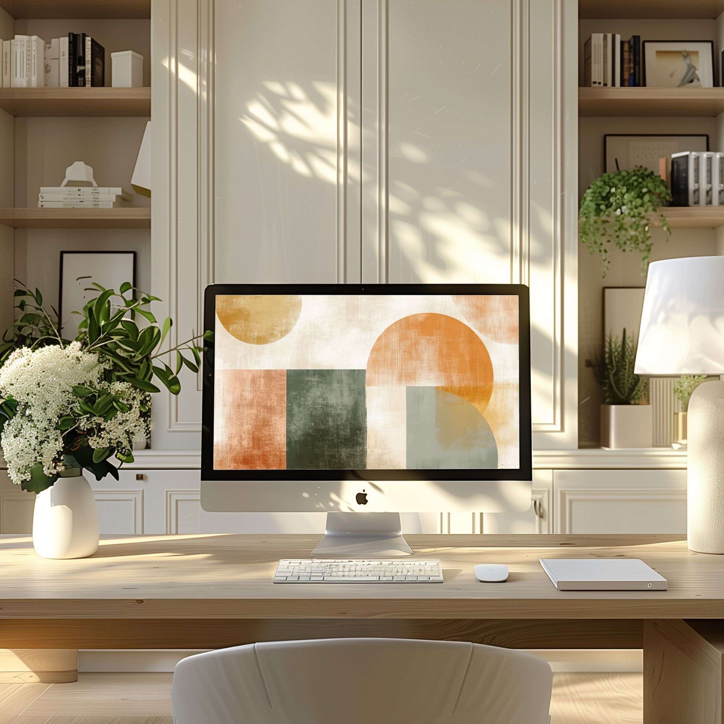 Elegant abstract shapes in warm hues create inspiring wallpaper for computer use, perfect for PC or laptop in a tranquil home office