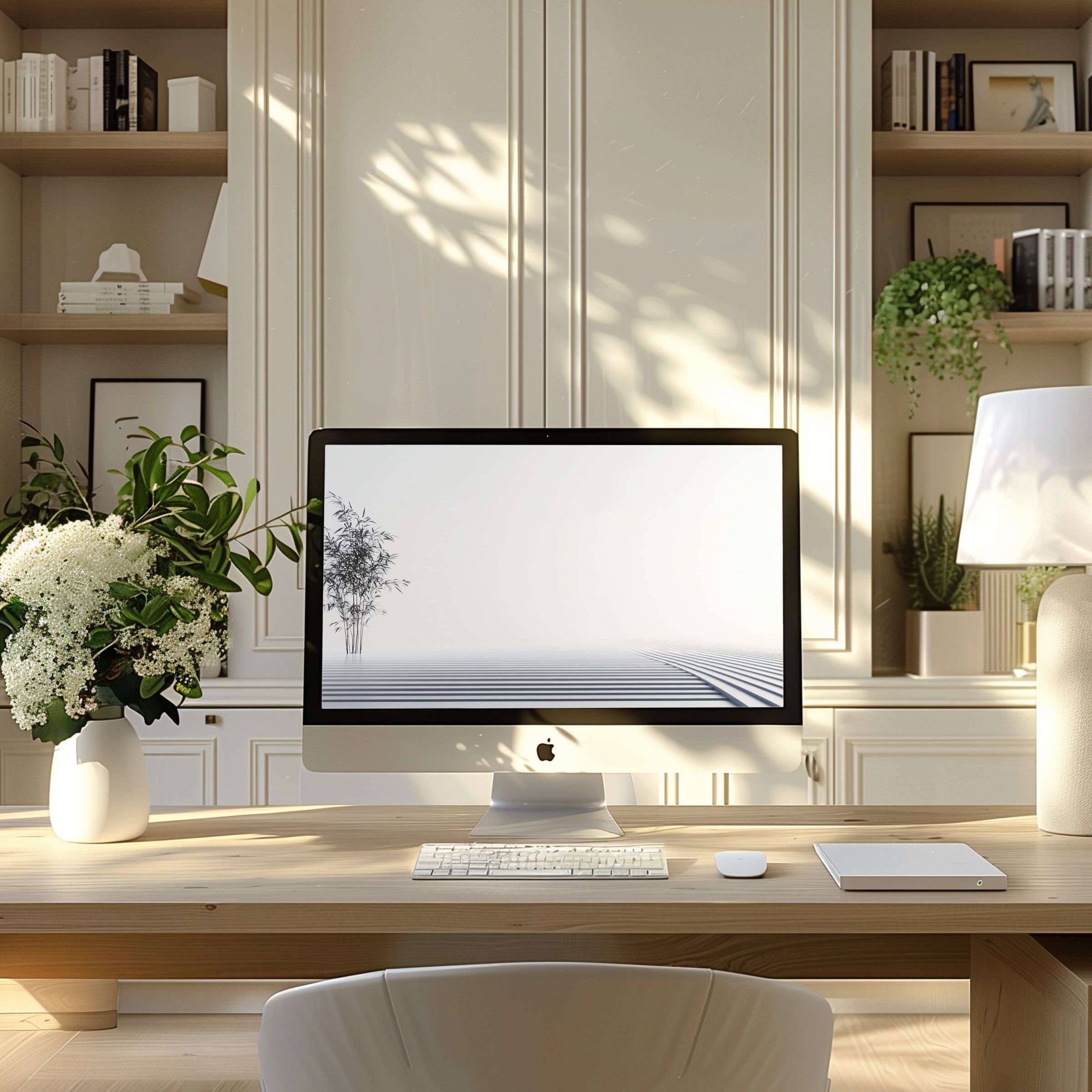 Elegant minimalist digital art enhances a serene home office setting, perfect as a wallpaper for computer PC or laptop users seeking inspiration