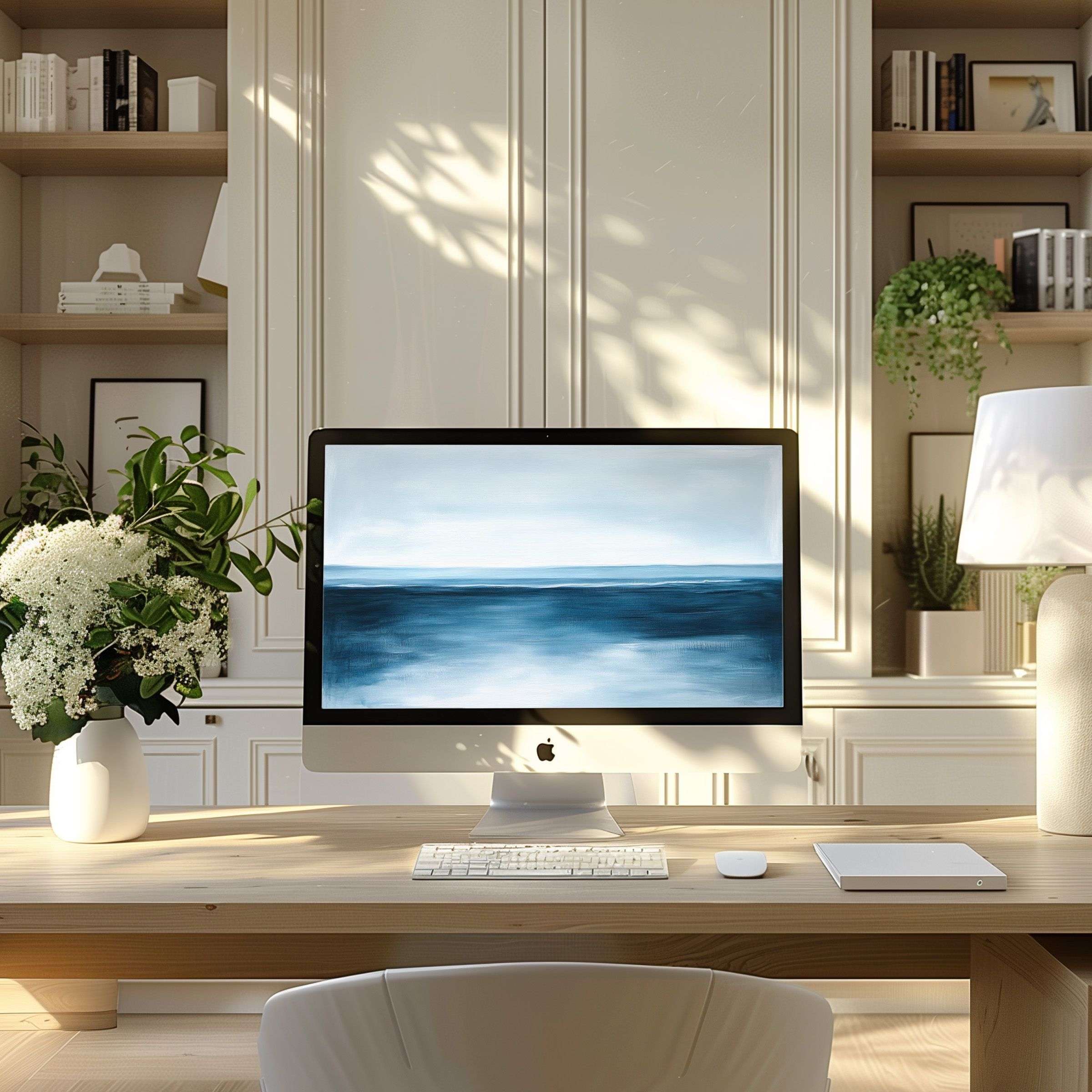 Elegant ocean-inspired wallpaper for computer, PC, and laptop offering calm, sustainable inspiration for modern home office interiors