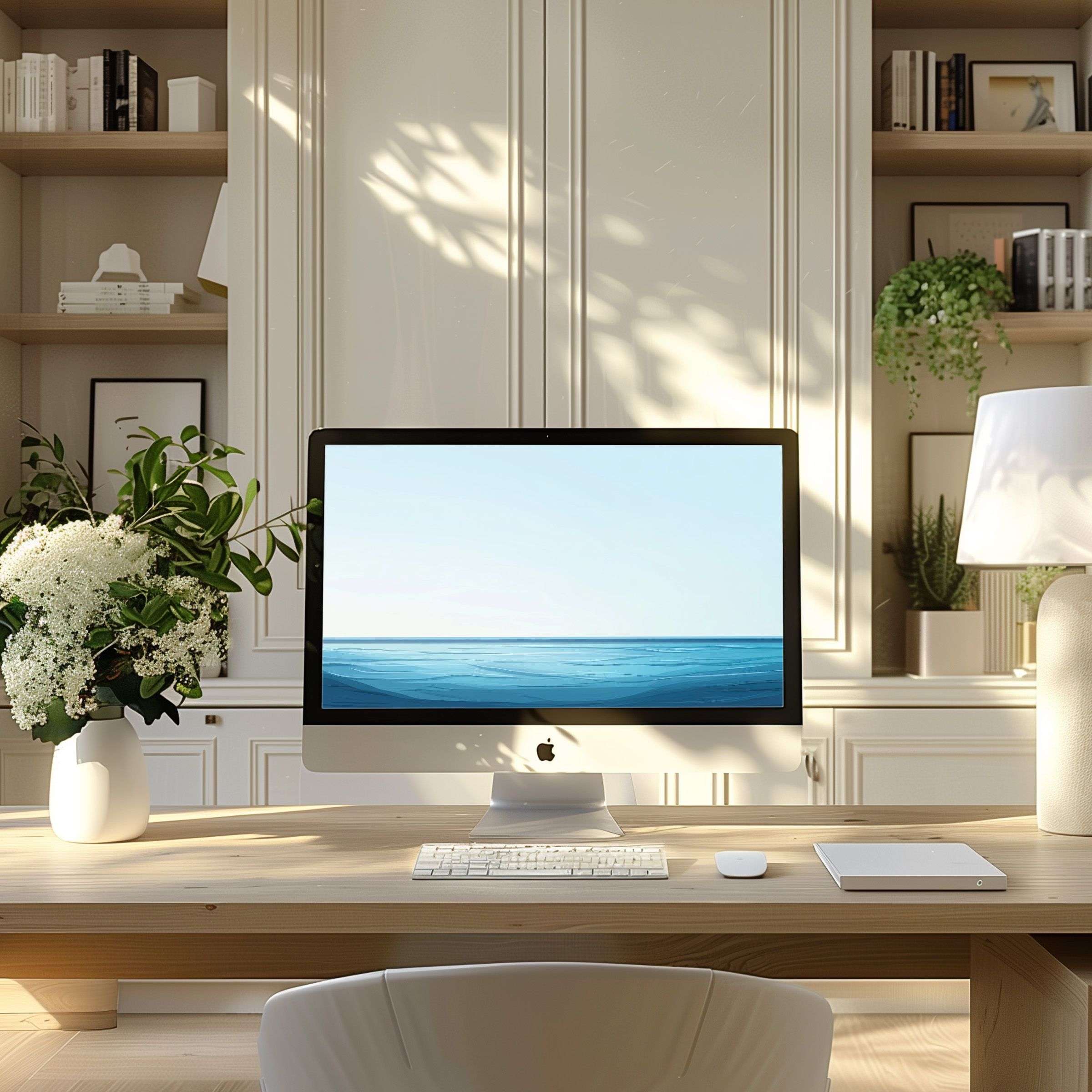 Calm ocean-themed wallpaper for computer on a sleek PC and laptop, enhancing an elegant home office with serene inspiration