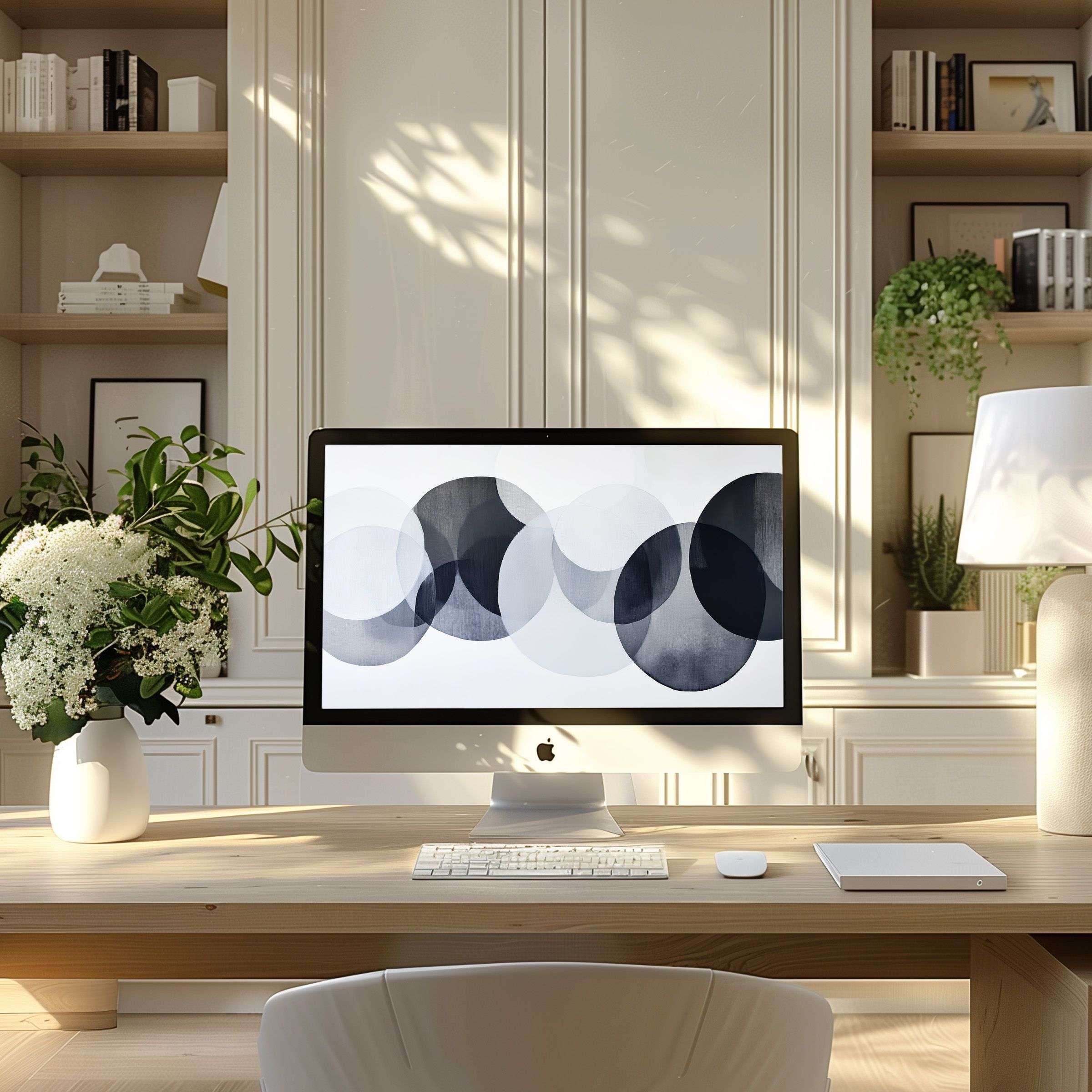 Modern abstract circles wallpaper for computer adding elegance and calm to your PC or laptop setup in a chic home office