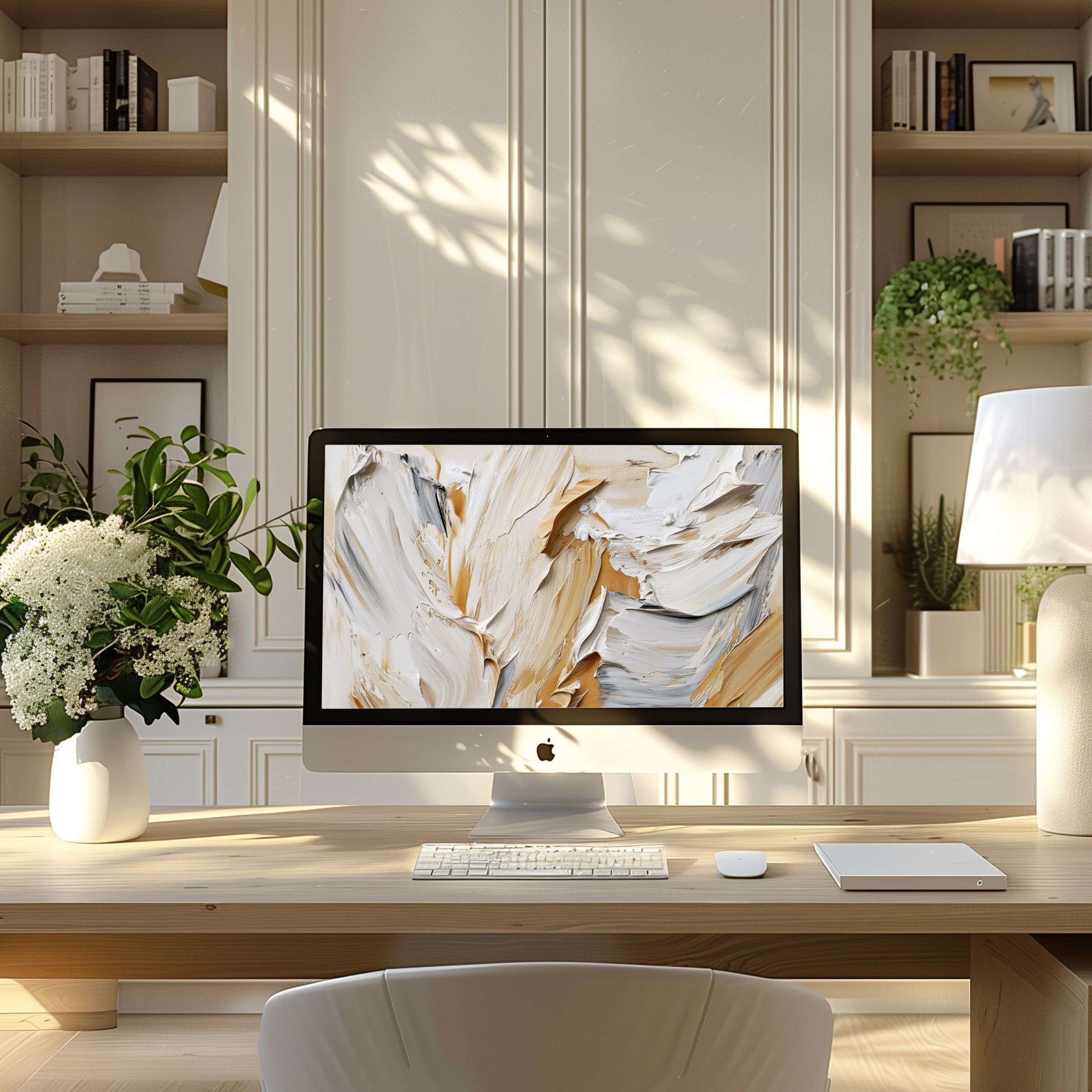 Elegant abstract brushstroke wallpaper for computer brings calm to a modern home office, perfect for PC or Laptop display download