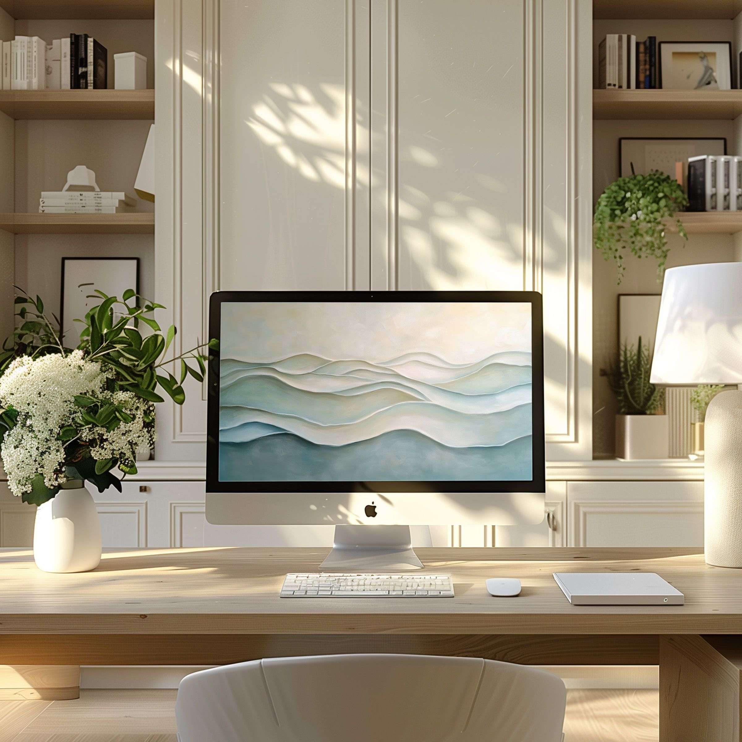 Elegant abstract waves wallpaper for computer inspires calm in a modern home office, fitting any PC, laptop, ultrawide screen
