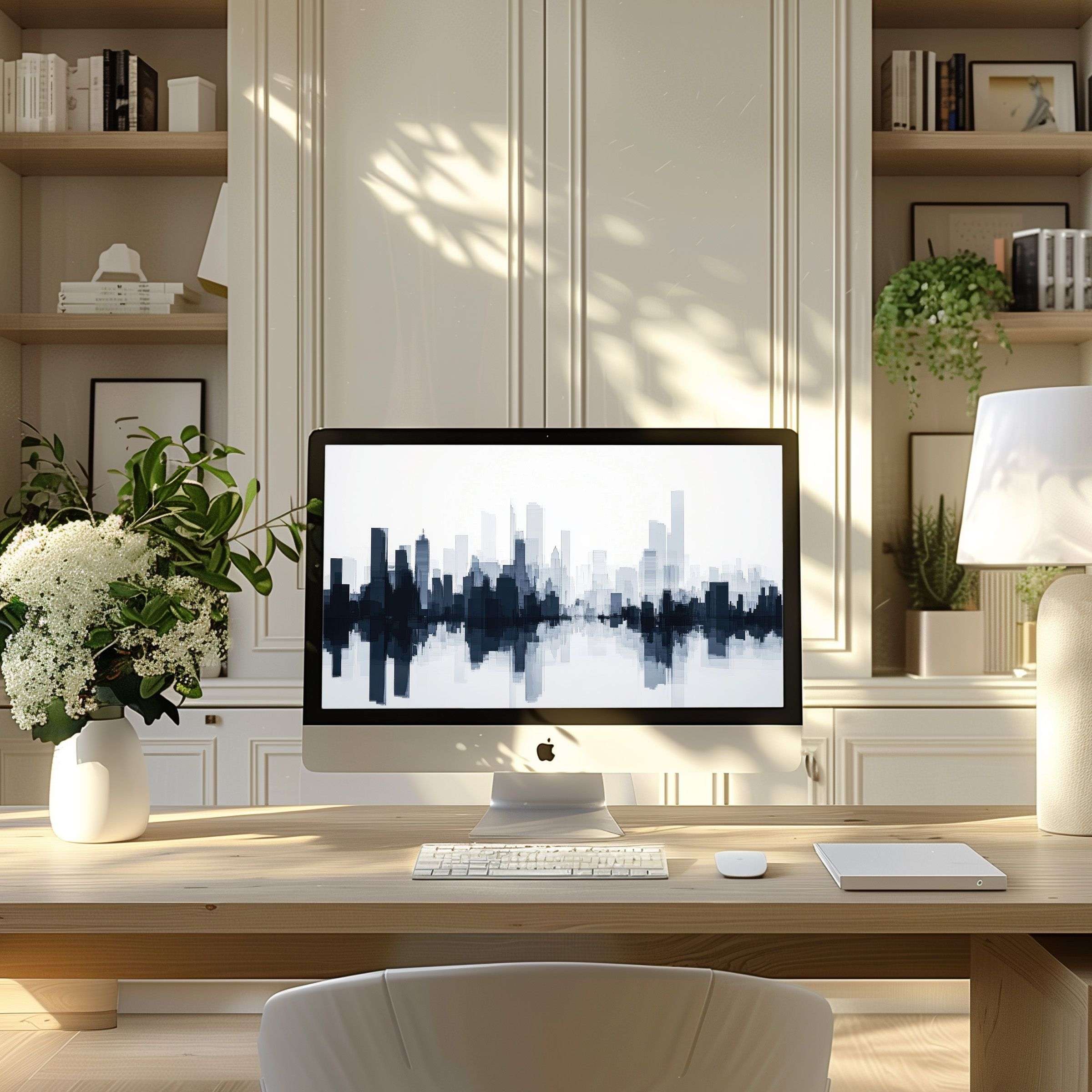 Elegant skyline wallpaper for computer exudes calm, perfect for PC or laptop in a modern office inspiring tranquility and style