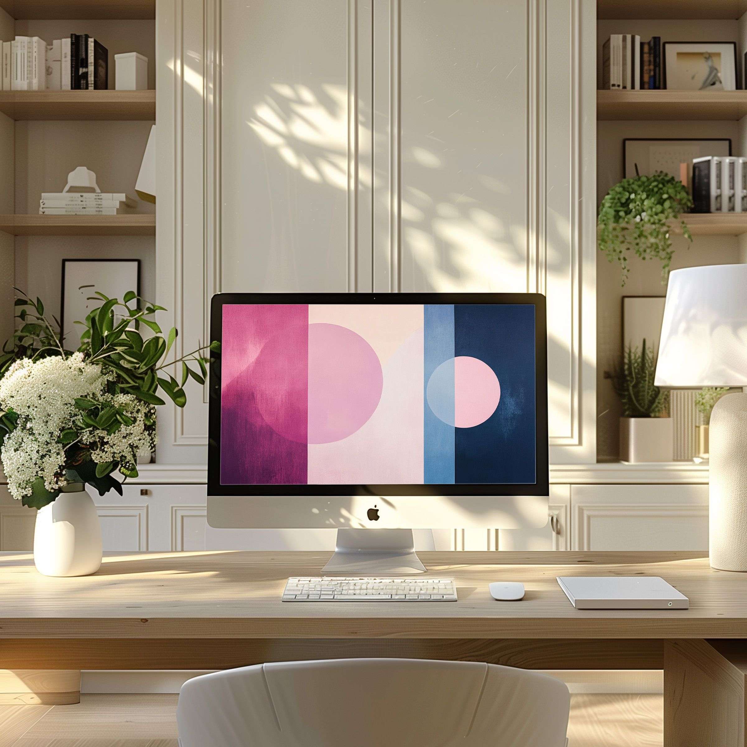 Inspiring geometric art wallpaper for computer in elegant home office setting, ideal for PC, Laptop, ultrawide digital download
