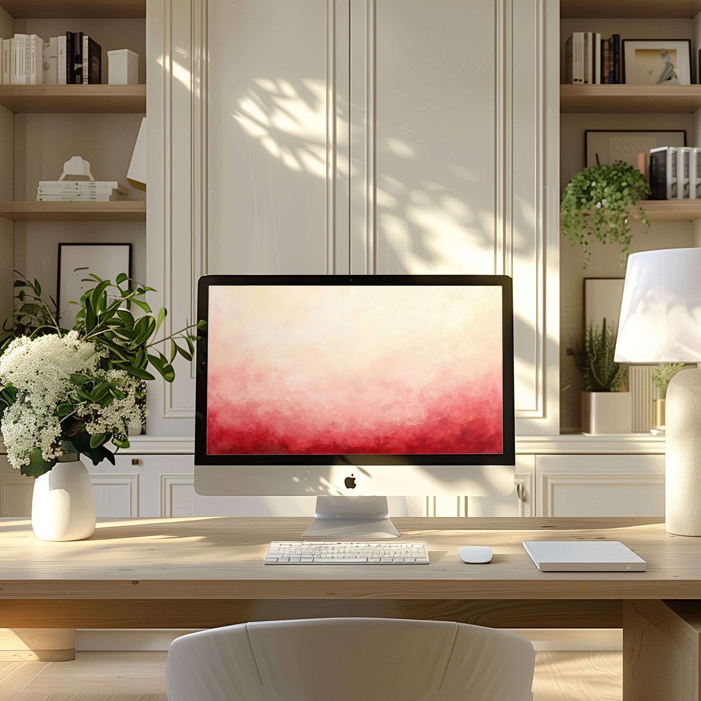 Elegant abstract red and cream hues create a calming wallpaper for computer or laptop, perfect for inspiring modern home offices