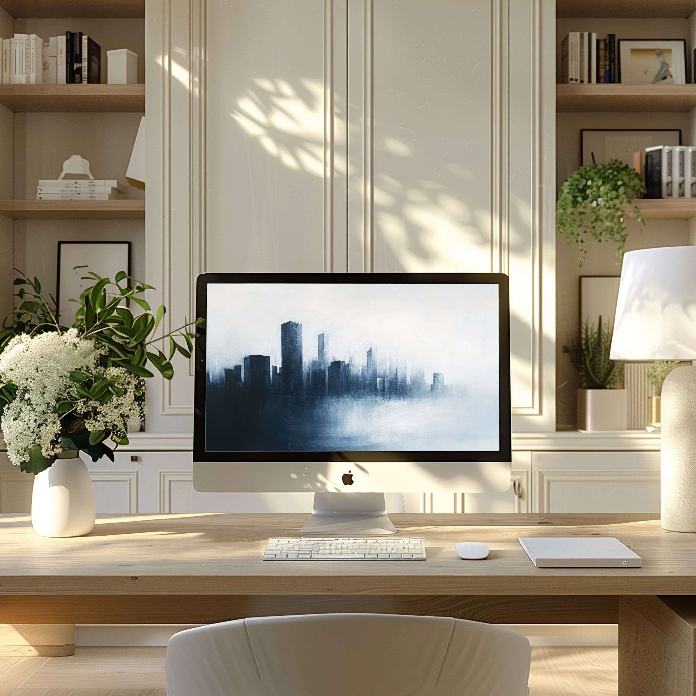 Elegant cityscape digital art adds calm inspiration as a wallpaper for computer in a modern home office desk setup, fitting PC laptop