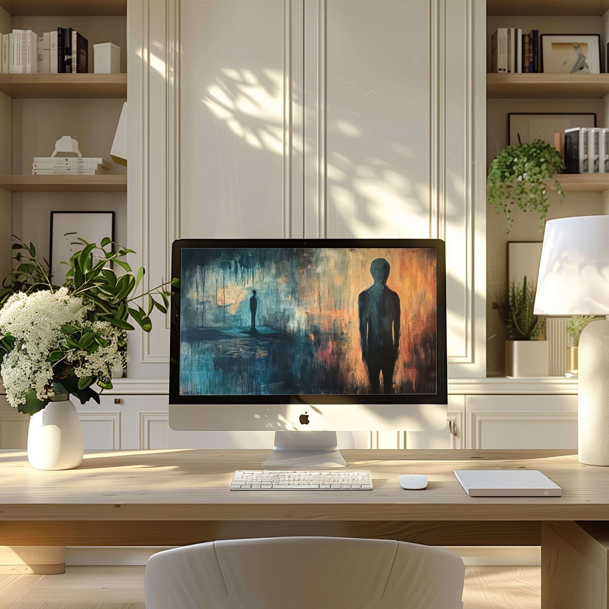 Elegant abstract digital art as a wallpaper for computer, PC, or Laptop enhances calm and inspiration in a modern home office