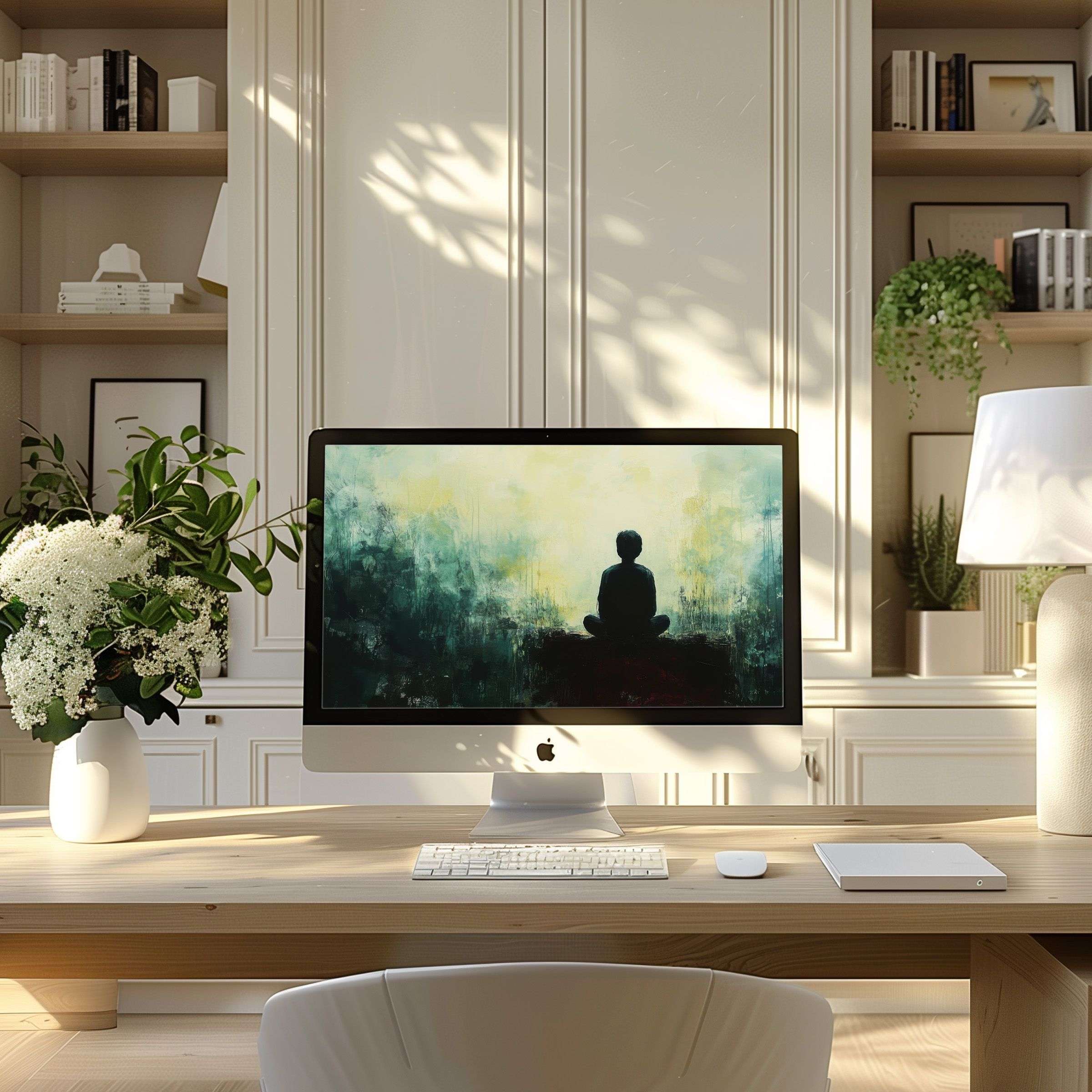 Elegant digital art featuring a serene silhouette amidst calming hues, perfect as wallpaper for computer, PC, or laptop in a modern home office