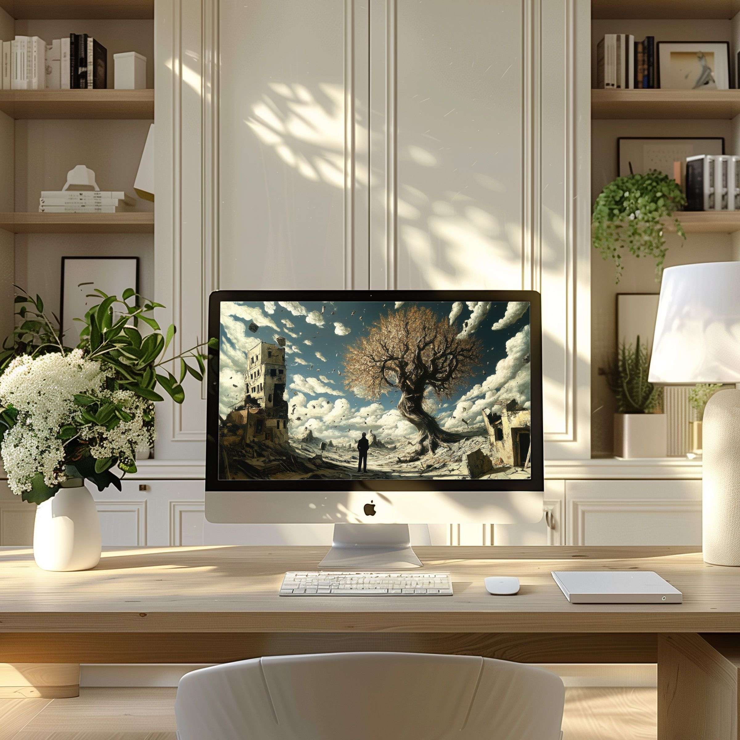 Elegant landscape artwork wallpaper for computer, PC, and laptop inspires calm and creativity in a modern home office setting