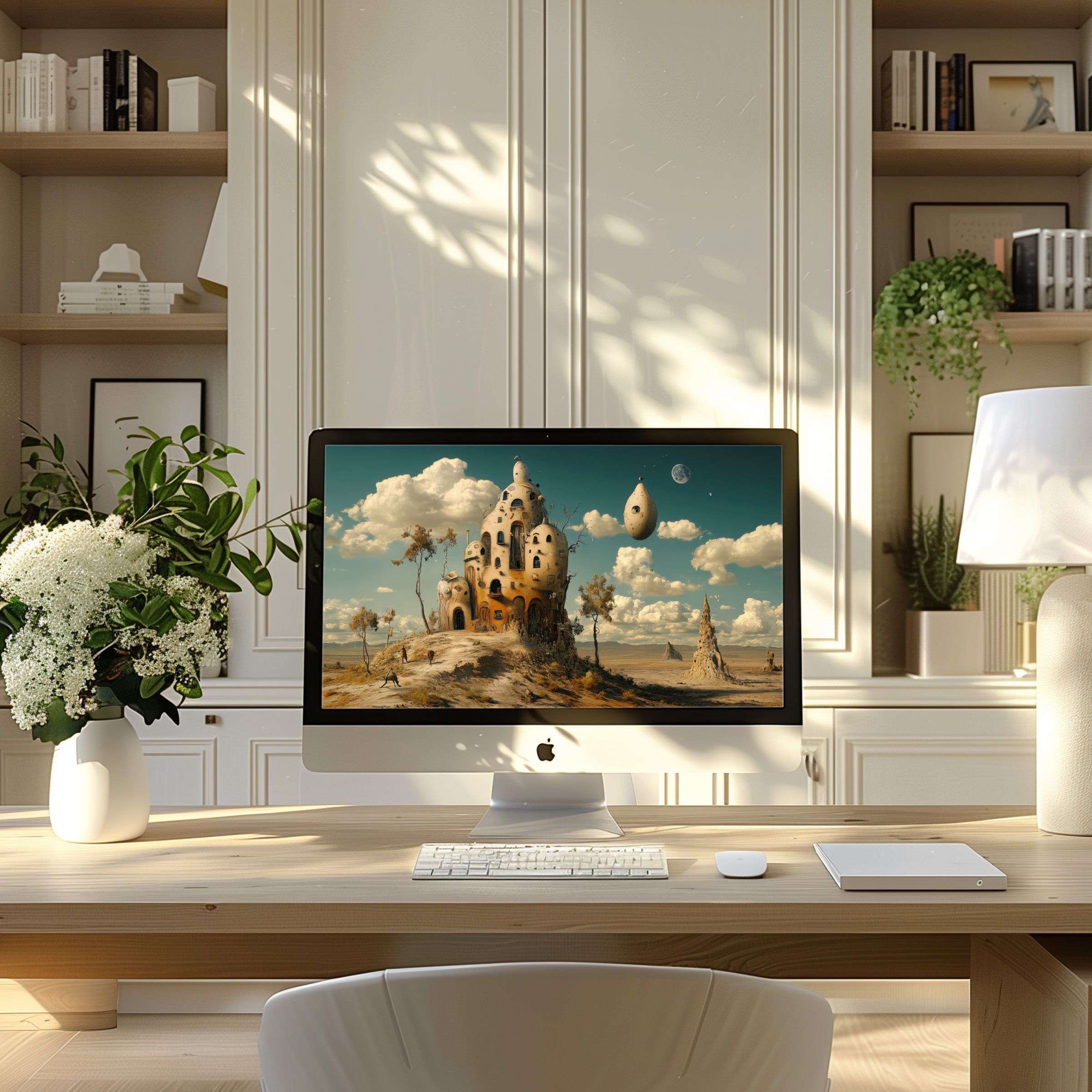 Elegant surreal art wallpaper for computer in a modern home office setting offering calm inspiration for PC and laptop screens