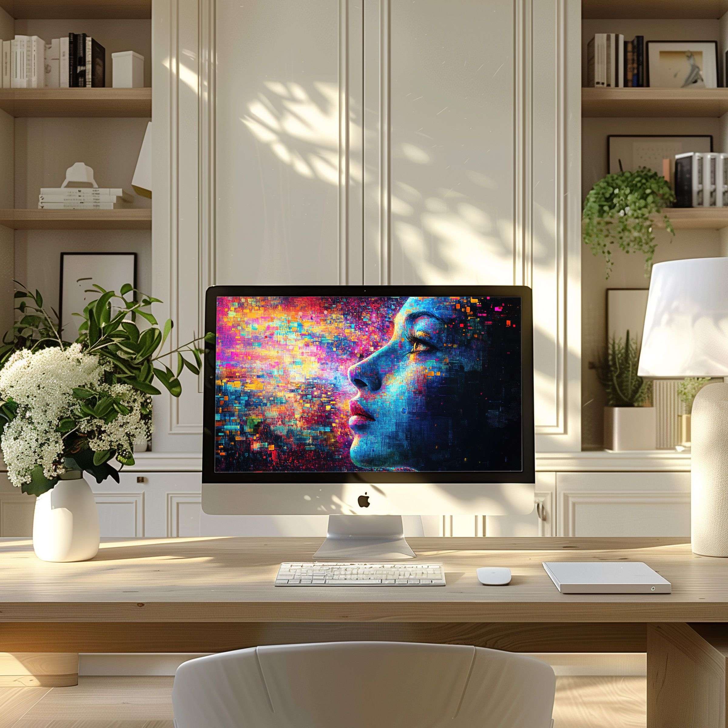Elegant digital art of a serene face with vibrant colors, perfect wallpaper for computer, PC, laptop, ultrawide inspiration, calm home office