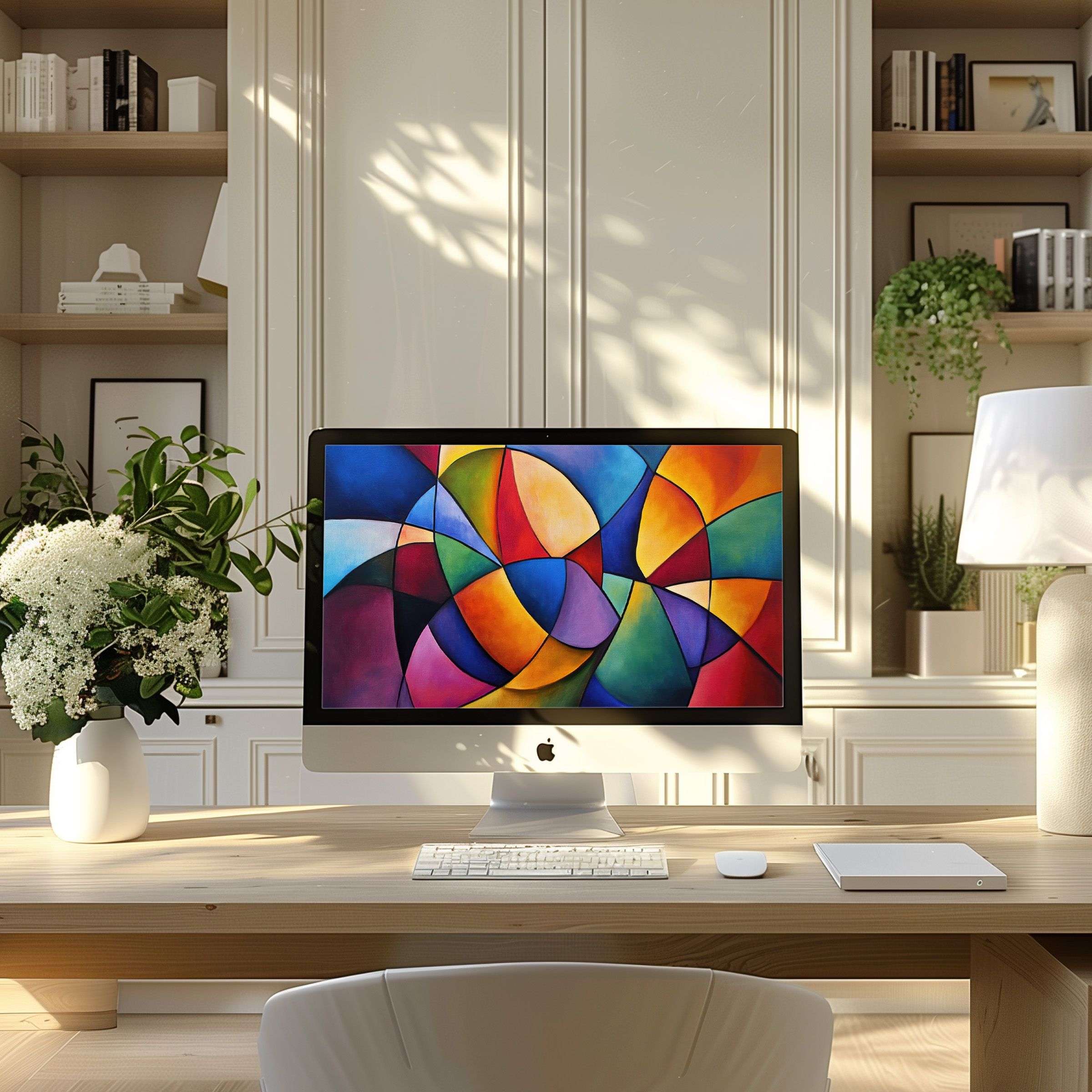 Vibrant geometric digital art as wallpaper for computer; perfect for PC or laptop in a modern, serene home office setting