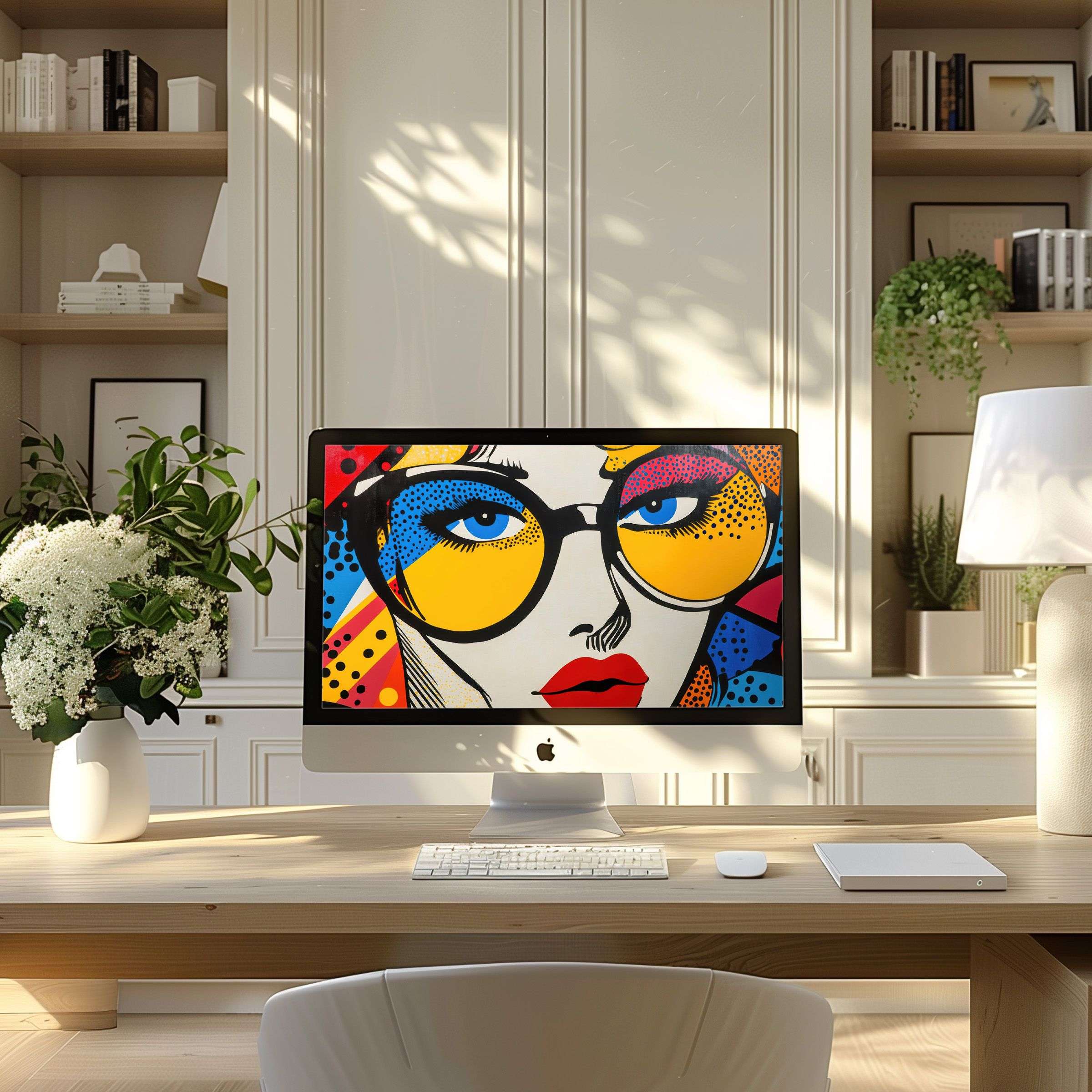 Elegant pop art wallpaper for computer enhances your PC or laptop, inspiring calm and style in a modern home office setup