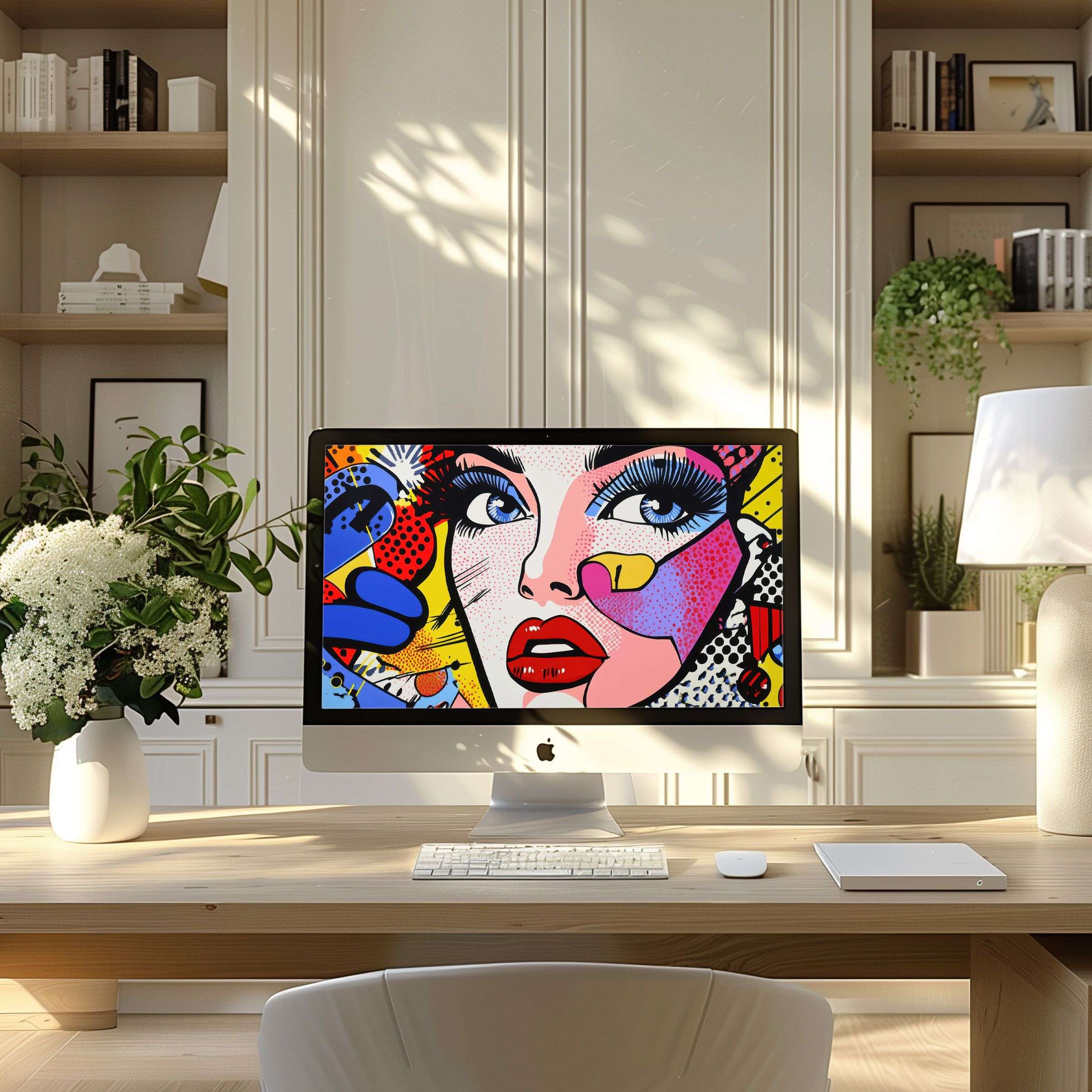 Elegant modern home office with vibrant pop art wallpaper for computer inspires calm and creativity on PC or laptop screens